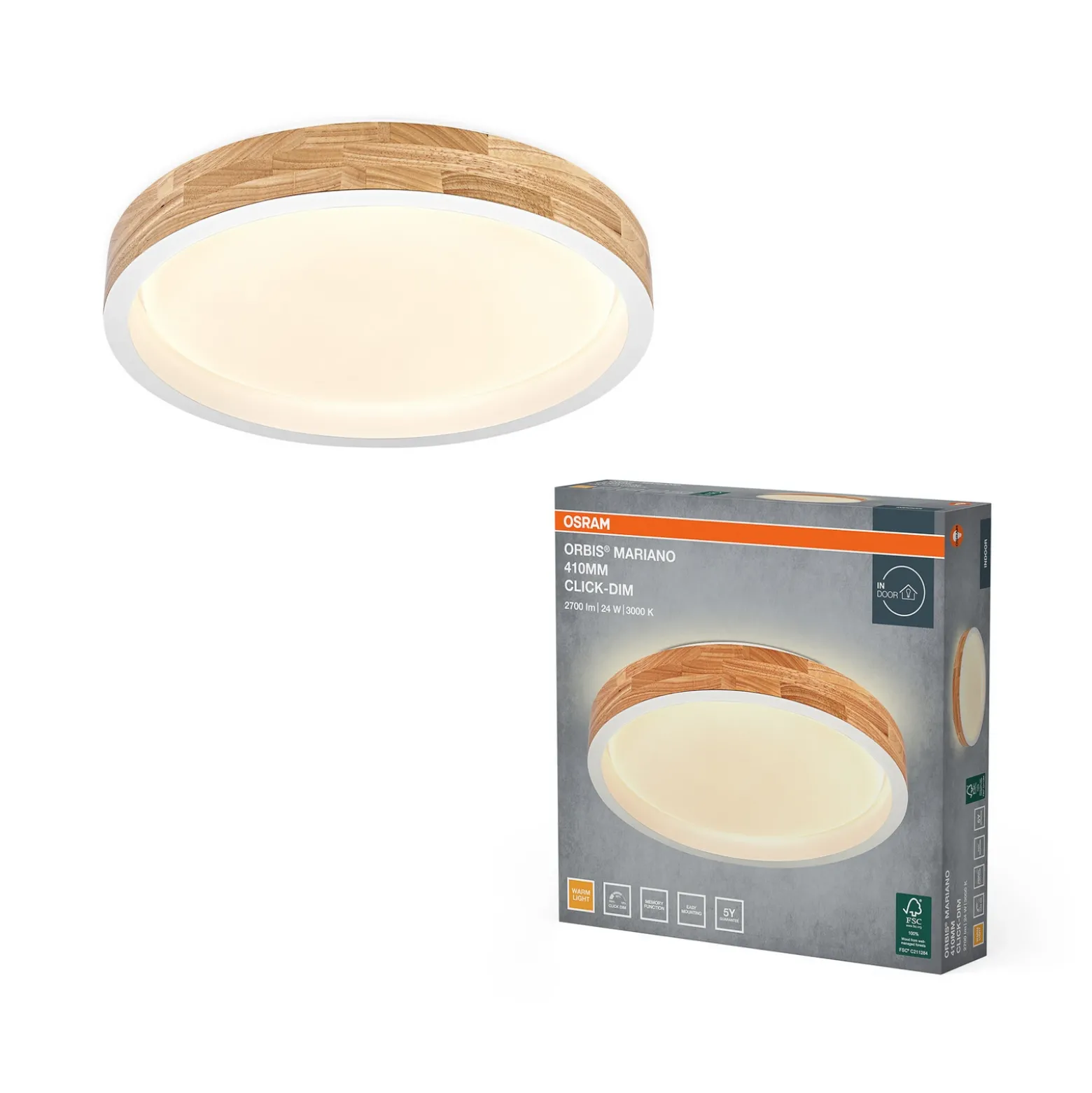 Lámpara LED de techo ORBIS MARIANO de OSRAM, madera/blanco, Ø 41 cm, atenuable