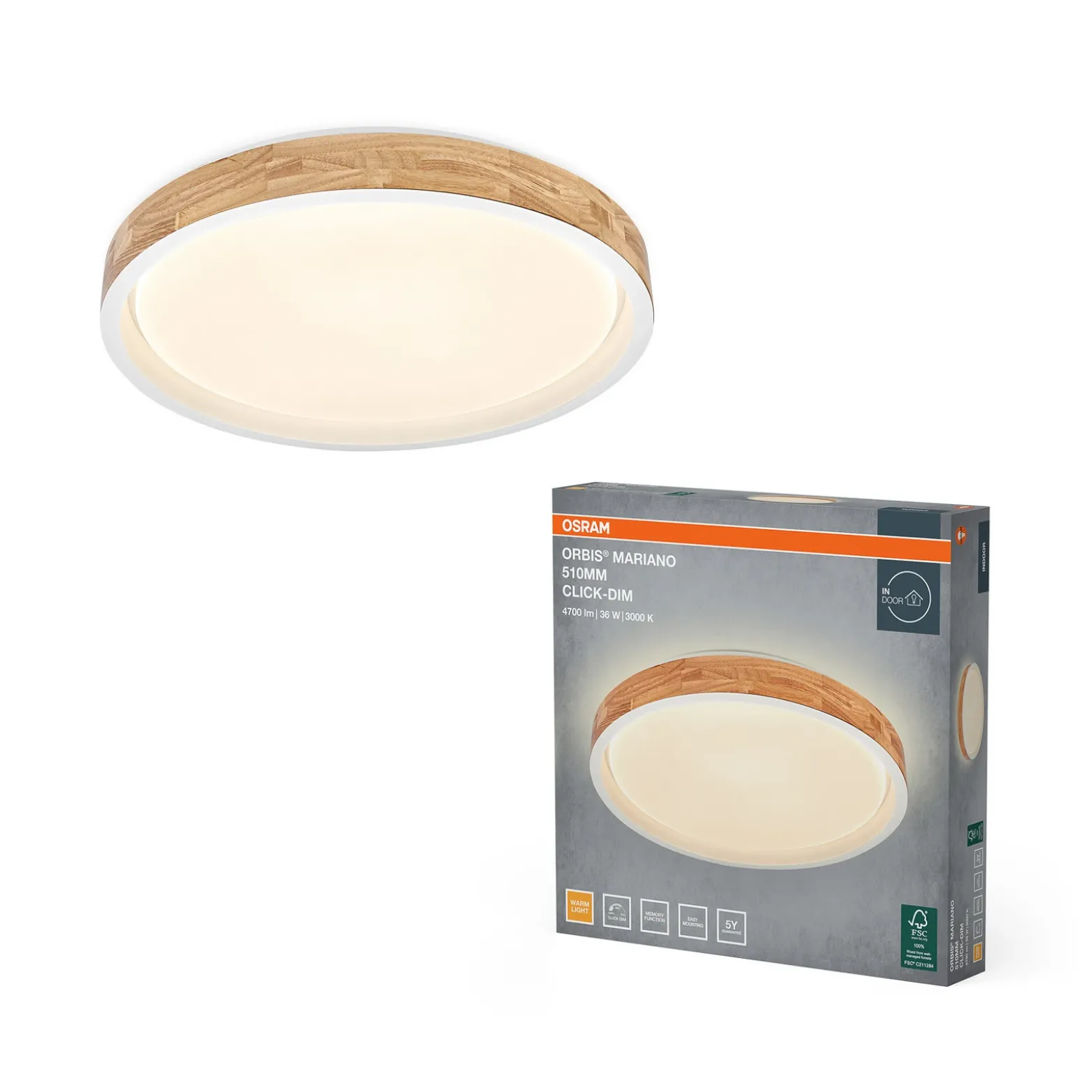 Lámpara LED de techo ORBIS MARIANO de OSRAM, madera/blanco, Ø 51 cm, atenuable