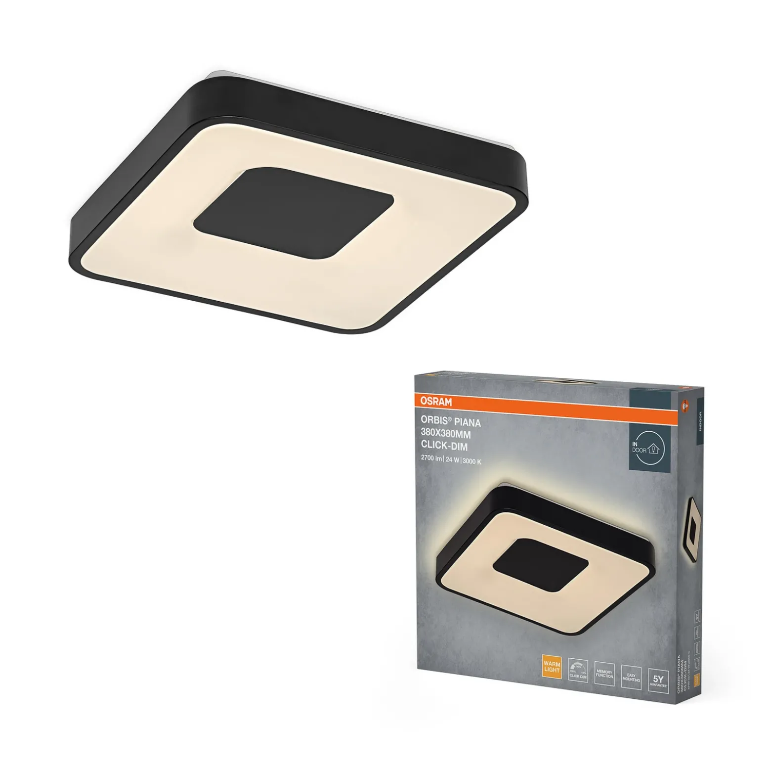 Lámpara LED de techo ORBIS PIANA de OSRAM, negra, 38 x 38 cm, ClickDim
