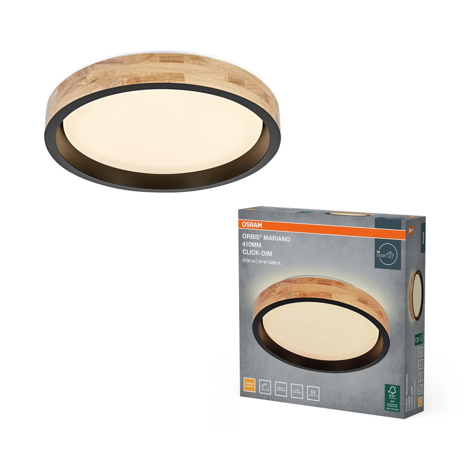 Lámpara LED de techo OSRAM ORBIS MARIANO, madera/negro, Ø 41 cm, atenuable