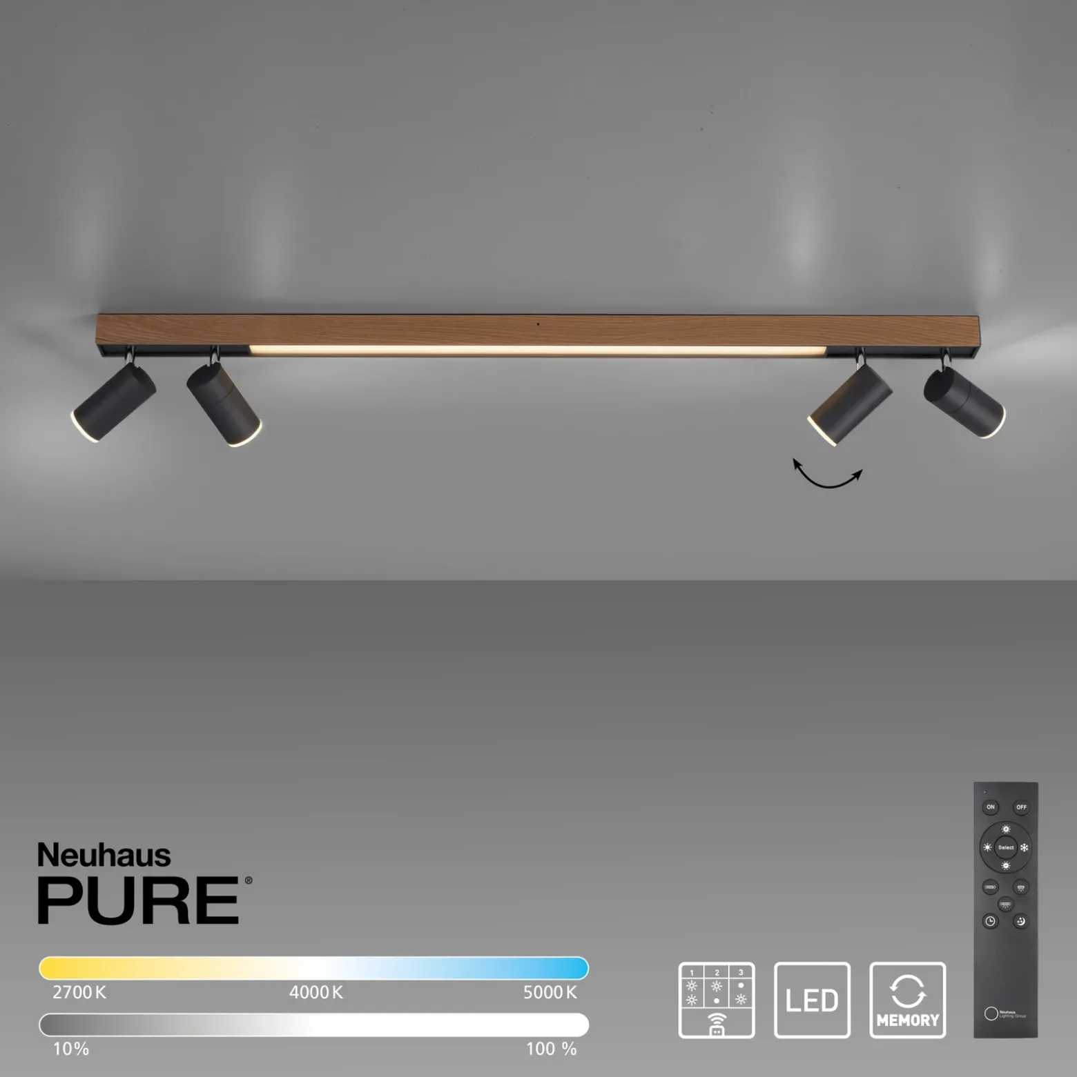 Lámpara LED de techo PURE Lines, 120 cm, negra, madera, control remoto