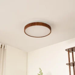 lámpara LED de techo Velua de Lindby, blanco/madera oscura, CCT, Ø 50 cm