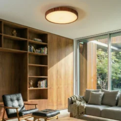 lámpara LED de techo Velua de Lindby, blanco/madera oscura, CCT, Ø 50 cm