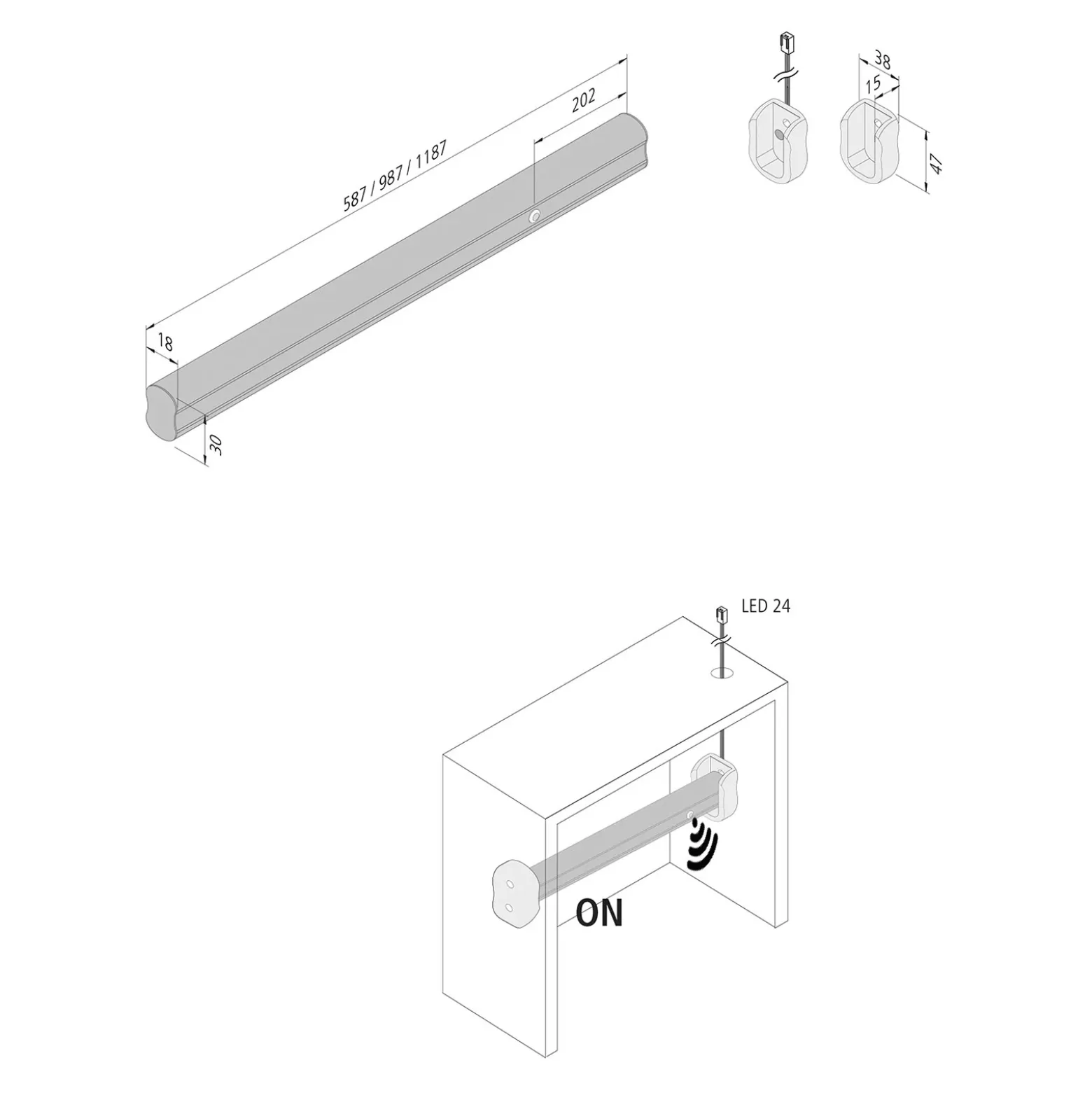 Lámpara LED para barra de ropa con sensor, 100cm