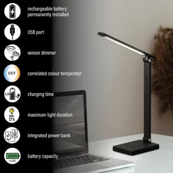 Lámpara LED recargable de sobremesa Ole, negra, con sensor, atenuable, CCT