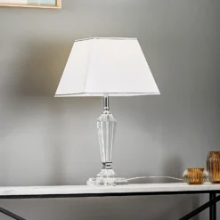 Lámpara mesa Veronique, pie estrecho, blanco/cromo