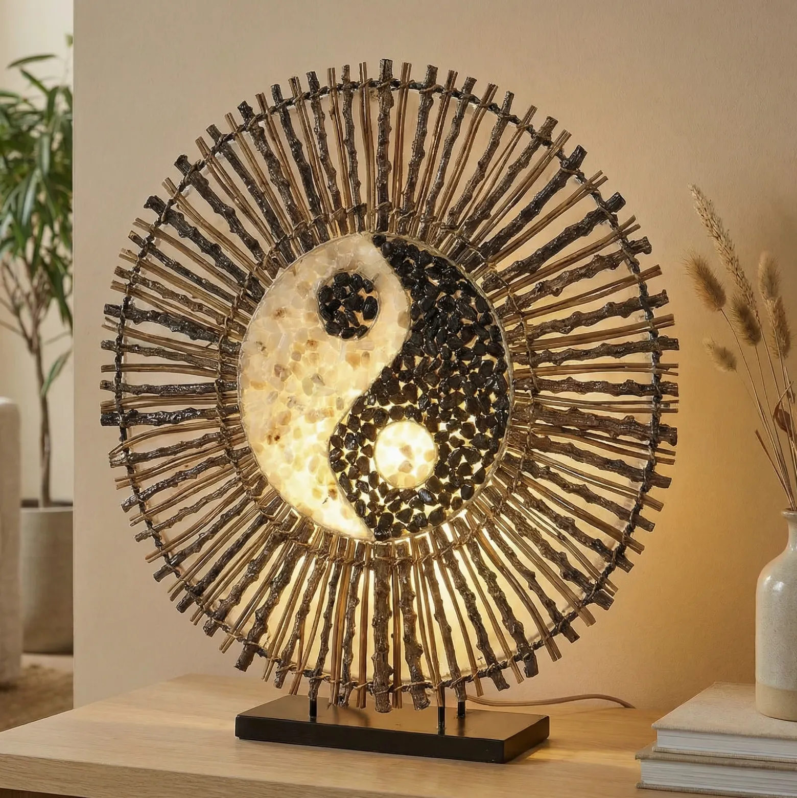 Lámpara mesa Ying Yang Batur redonda 40 cm marrón