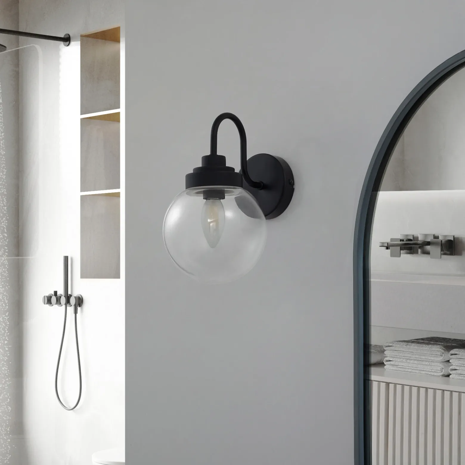 Lucande aplique de pared Badolo, negro, cristal, 25 cm de altura, IP44