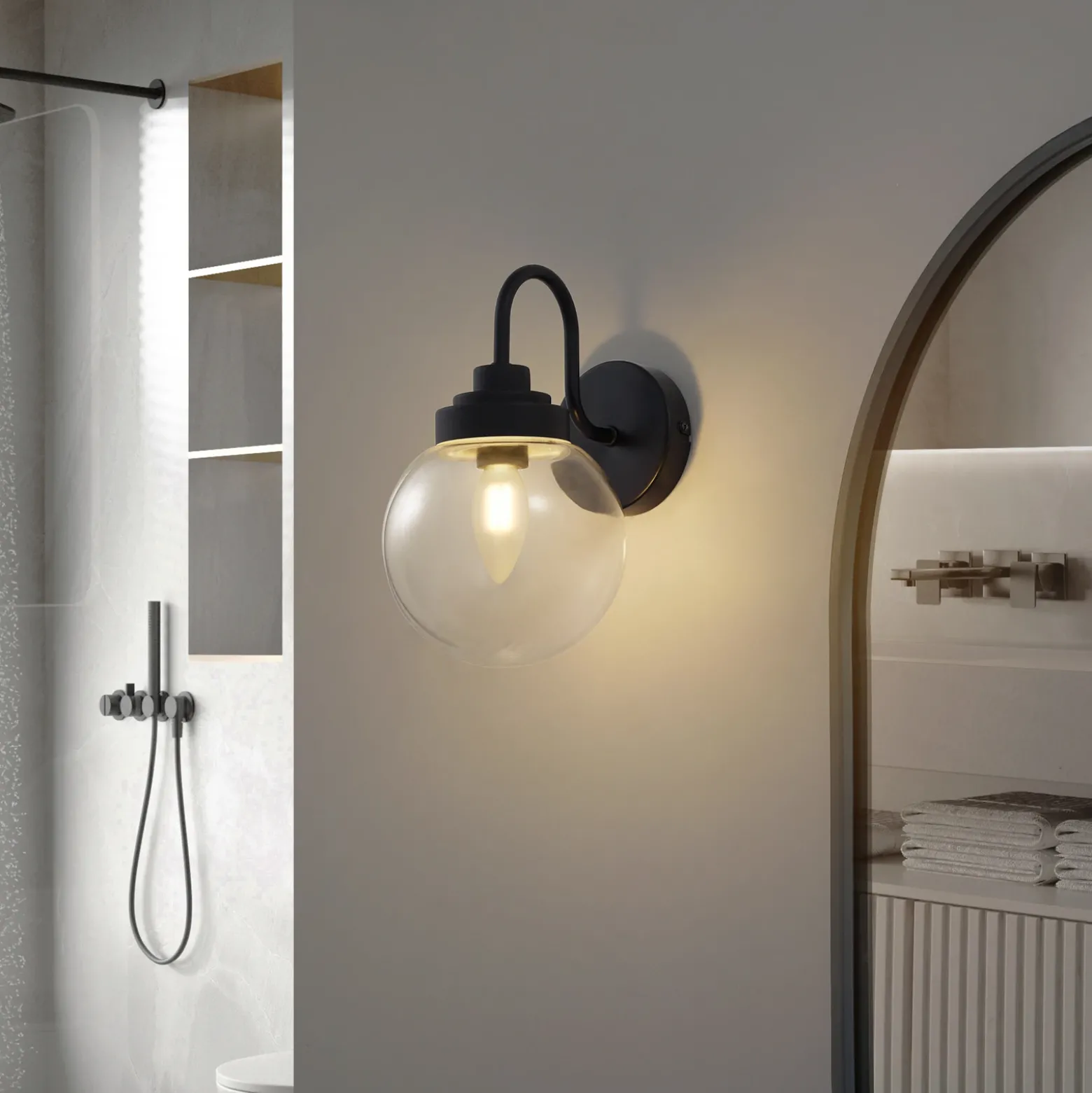 Lucande aplique de pared Badolo, negro, cristal, 25 cm de altura, IP44