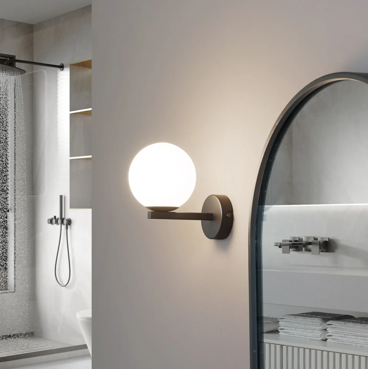 Lucande aplique de pared Bidolo, negro, cristal, Ø 12 cm, IP44