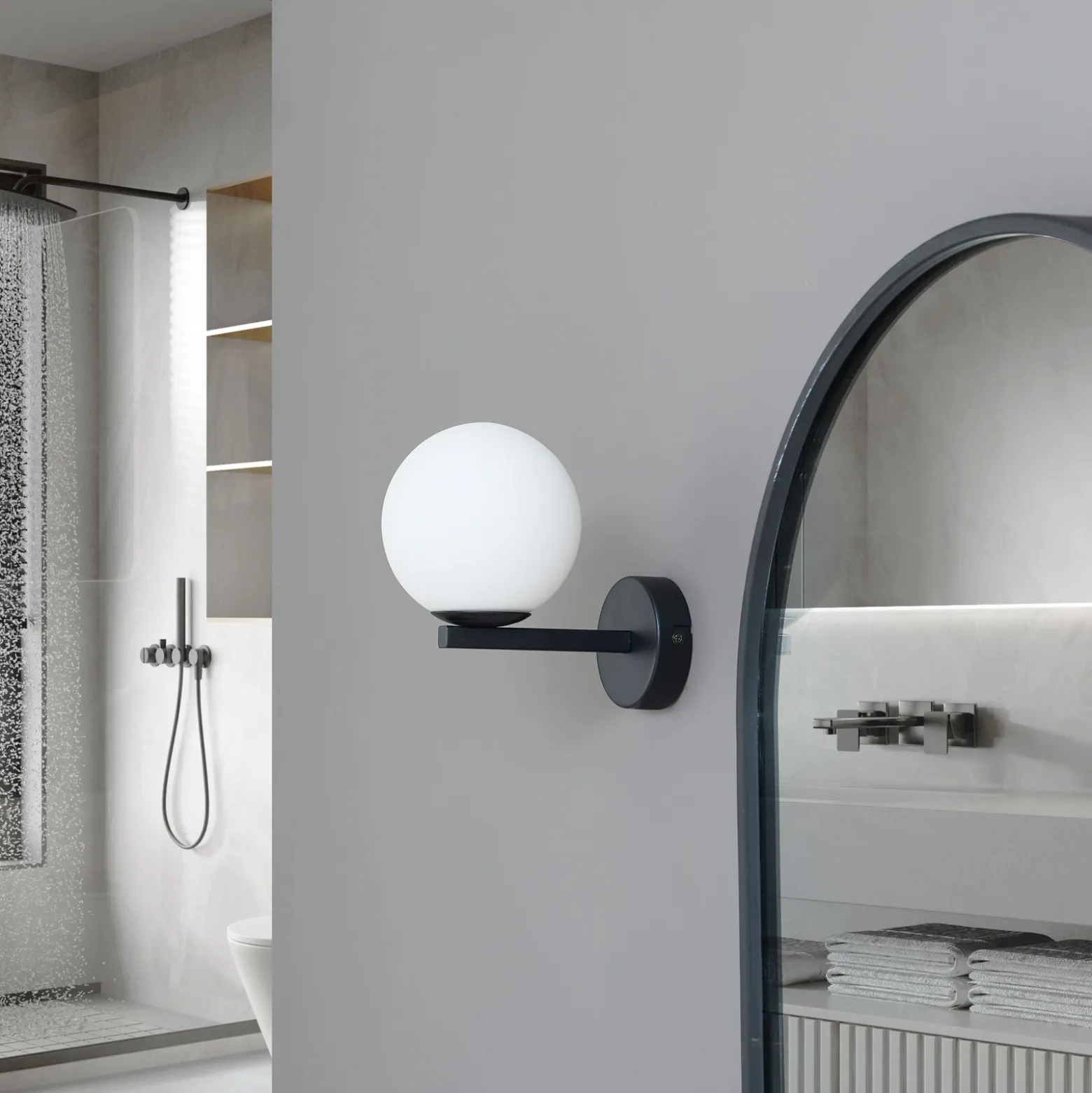 Lucande aplique de pared Bidolo, negro, cristal, Ø 12 cm, IP44