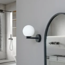 Lucande aplique de pared Bidolo, negro, cristal, Ø 12 cm, IP44