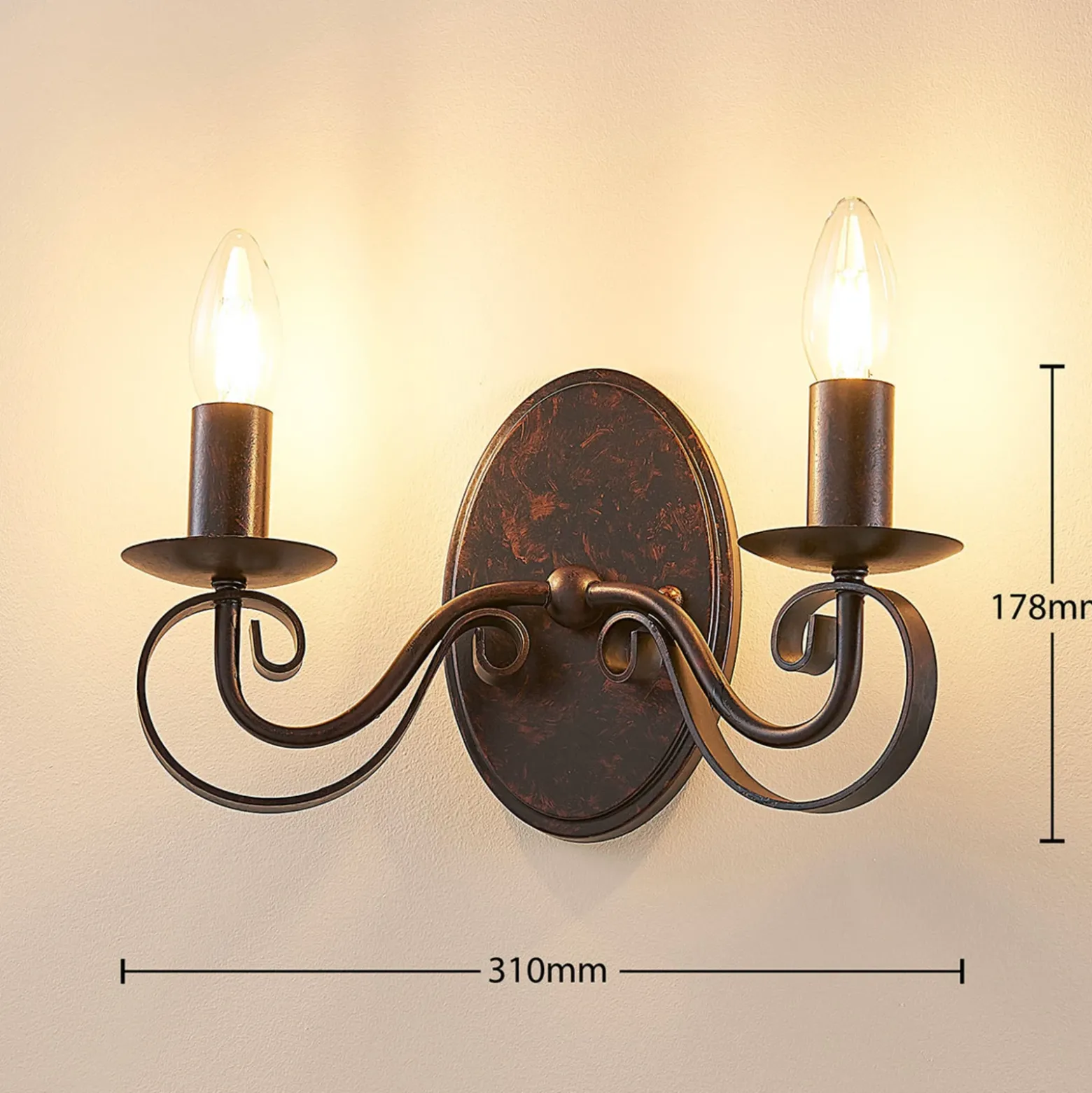 Lucande aplique de pared Caleb, 2 luces, color óxido, metal, E14