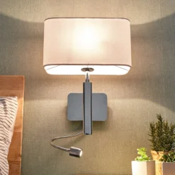 Lucande aplique de pared Jettka, altura 63 cm, brazo de lectura, textil