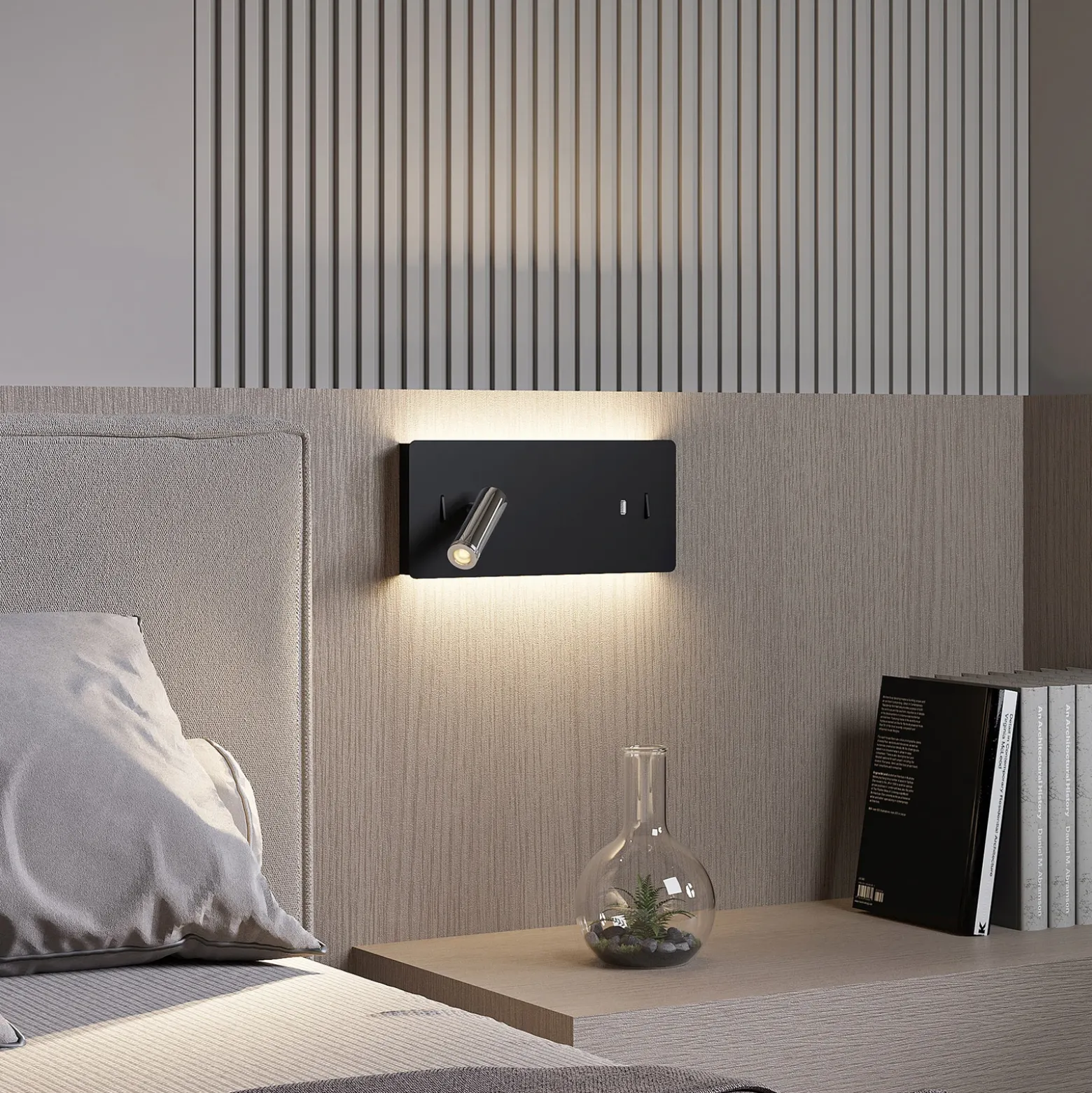 Lucande Aplique de pared LED Kimo, 32 cm, negro, aluminio, USB