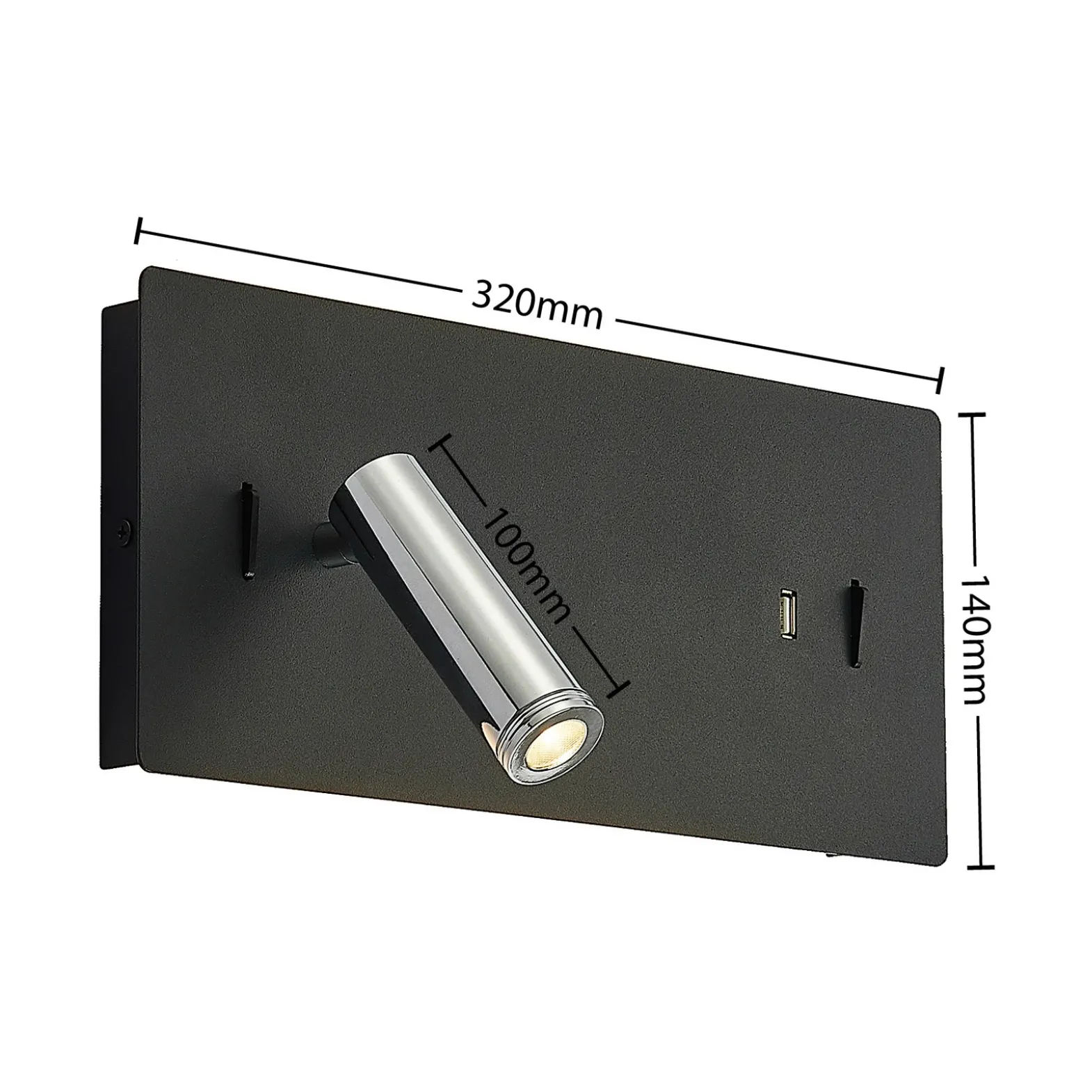 Lucande Aplique de pared LED Kimo, 32 cm, negro, aluminio, USB