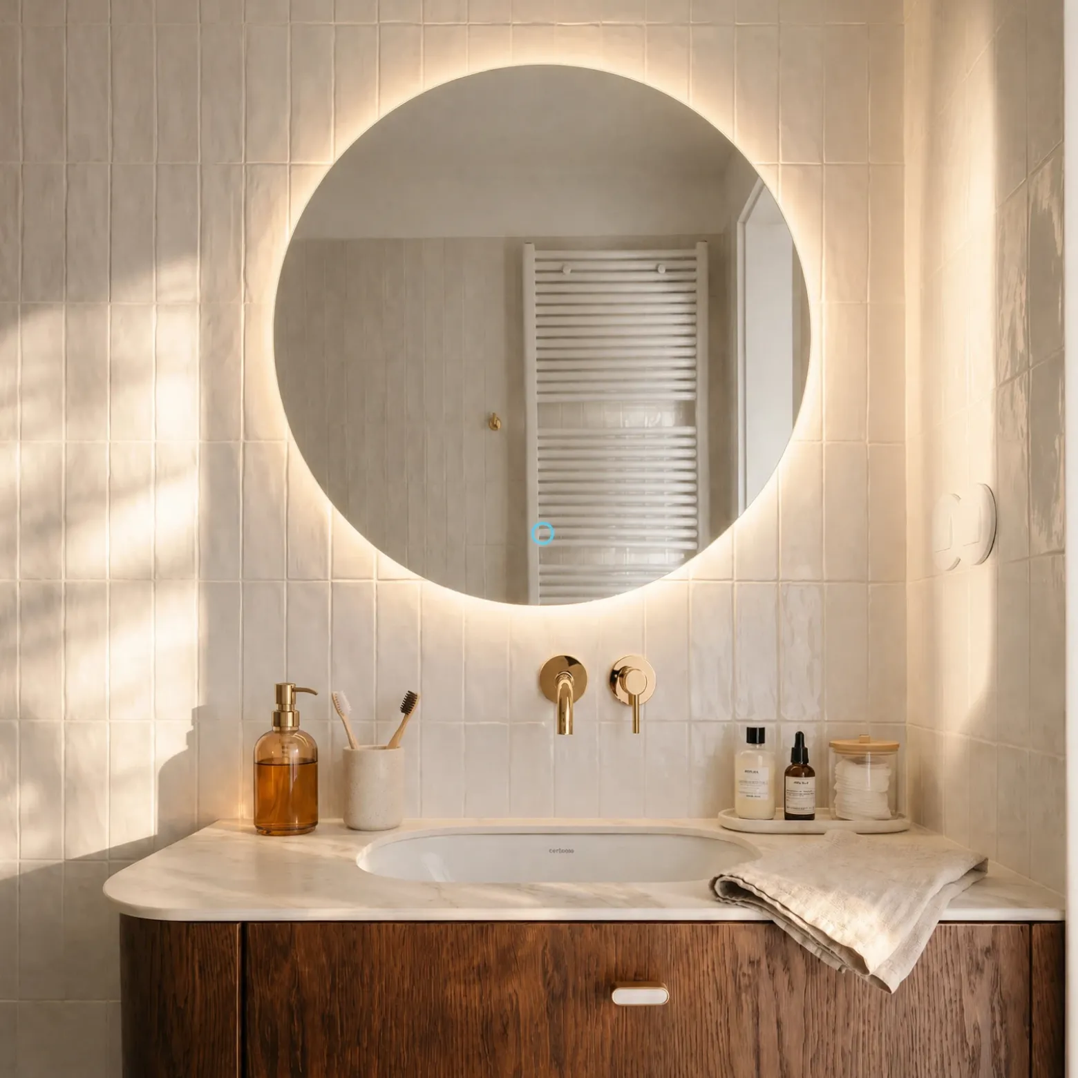Lucande Espejo LED Celestiel, redondo, calefactable, CCT, Ø 60 cm