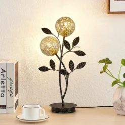 Lucande Evory lámpara de mesa, 48 cm, 2 luces, negro/oro, G9