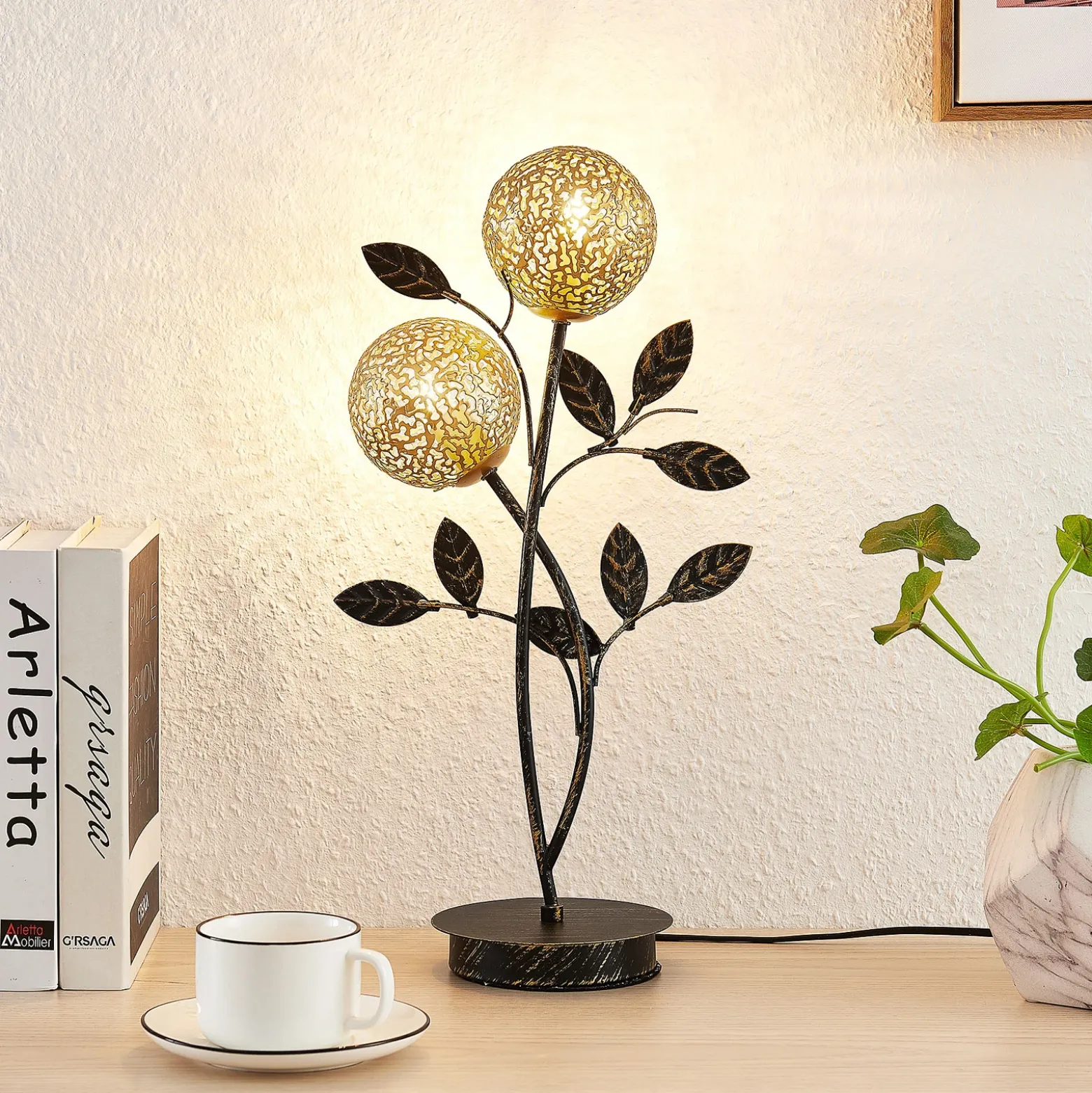 Lucande Evory lámpara de mesa, 48 cm, 2 luces, negro/oro, G9
