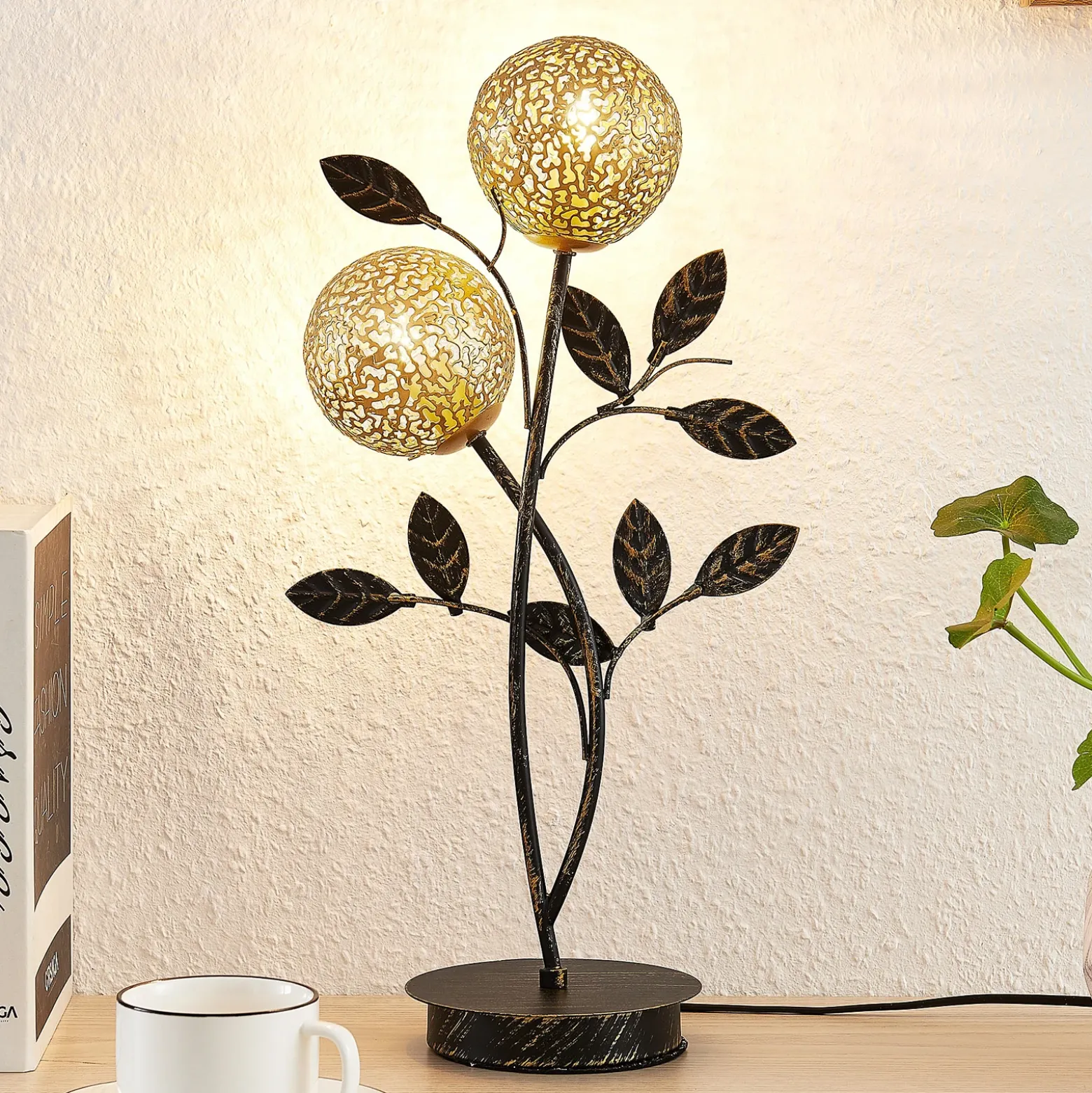 Lucande Evory lámpara de mesa, 48 cm, 2 luces, negro/oro, G9