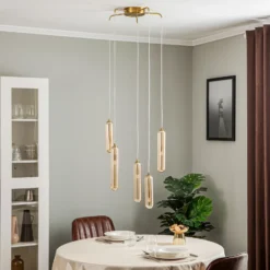 Lucande Freylin lámpara colgante, 5 luces, ámbar, cristal, 48 cm