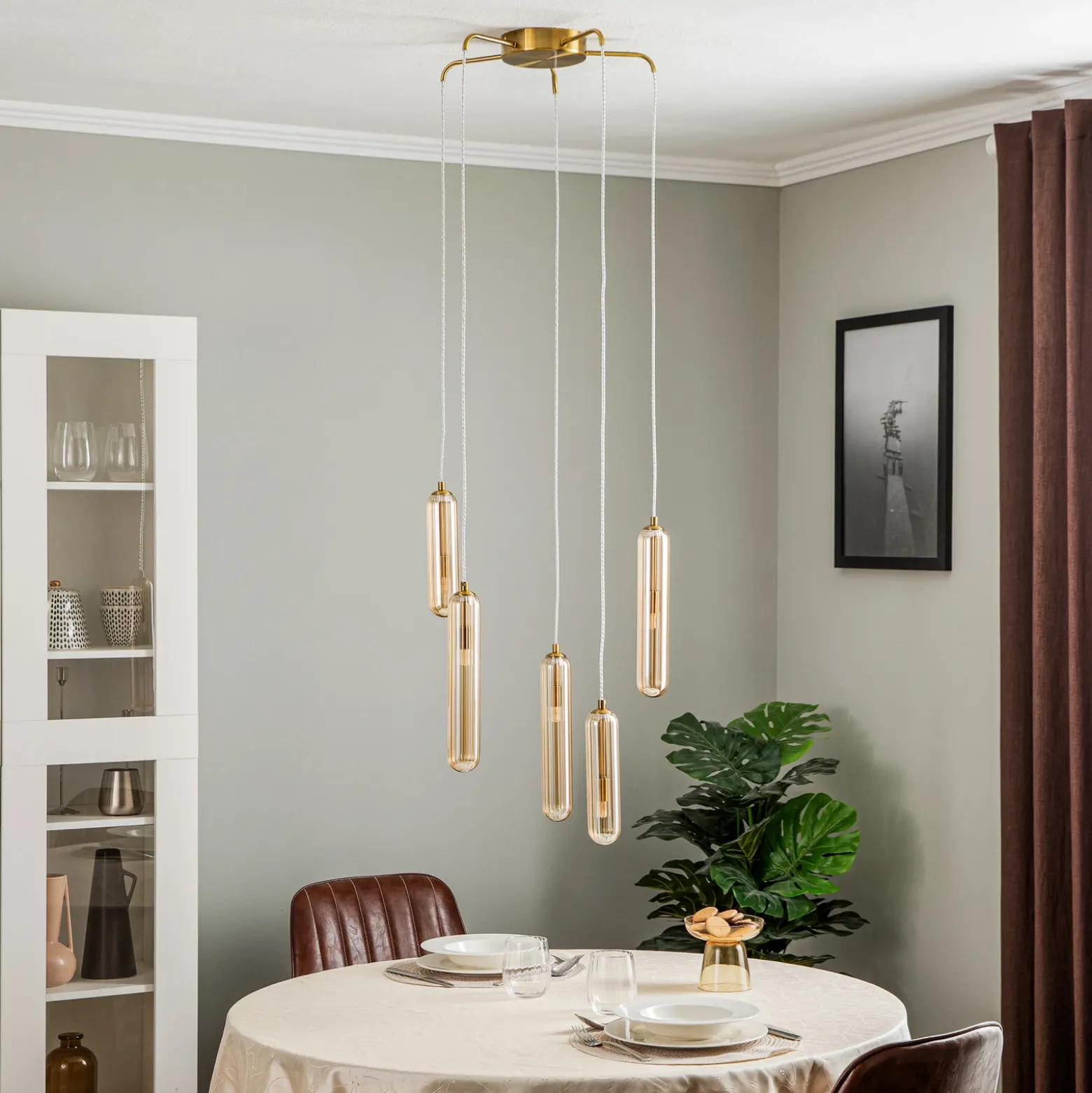 Lucande Freylin lámpara colgante, 5 luces, ámbar, cristal, 48 cm