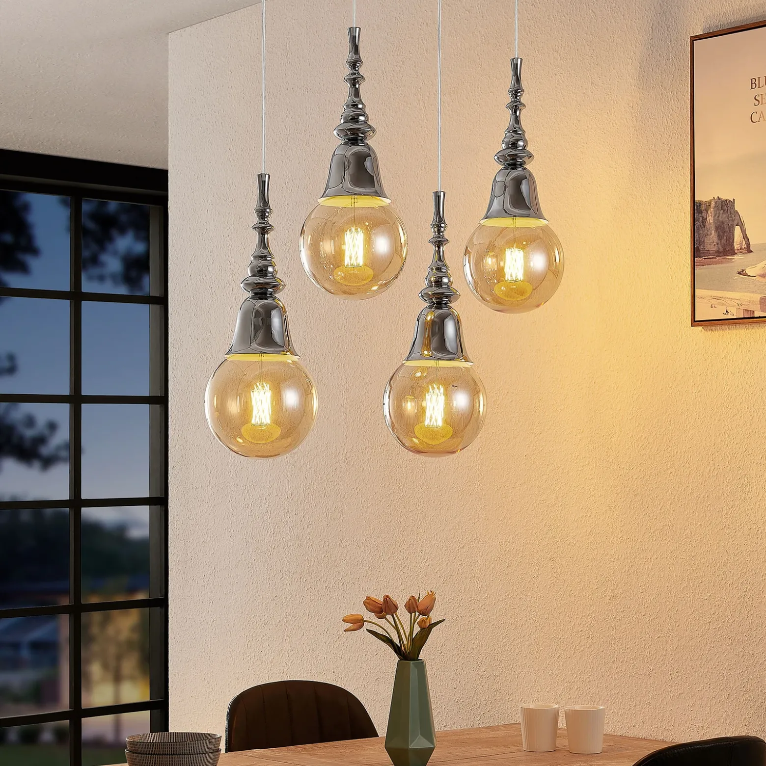 Lucande Gesja colgante, 4 luces, largo, cromo