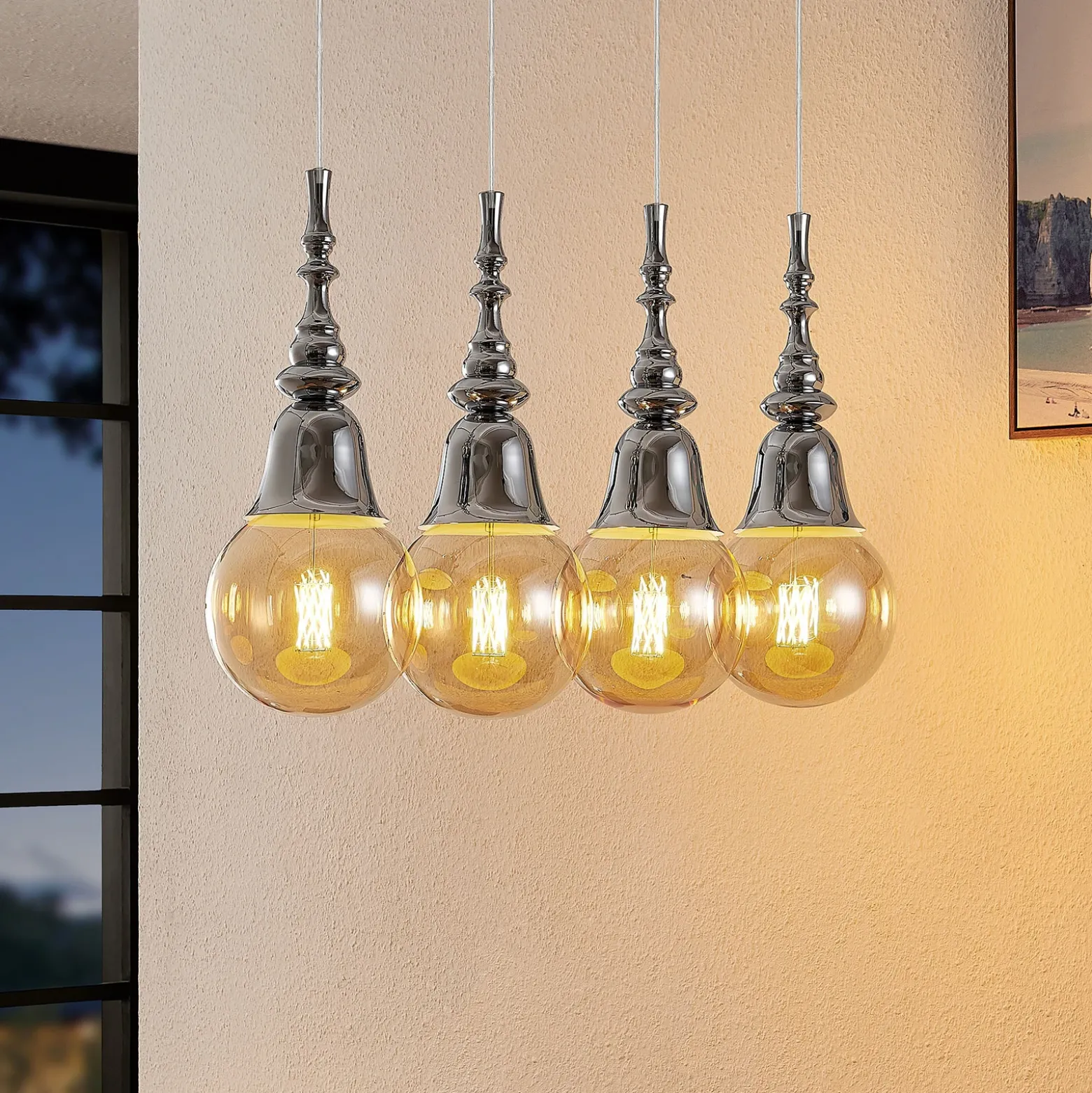 Lucande Gesja colgante, 4 luces, largo, cromo