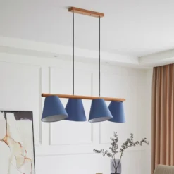 Lucande lámpara colgante Jinda, azul, madera, tela, 120 cm, E27