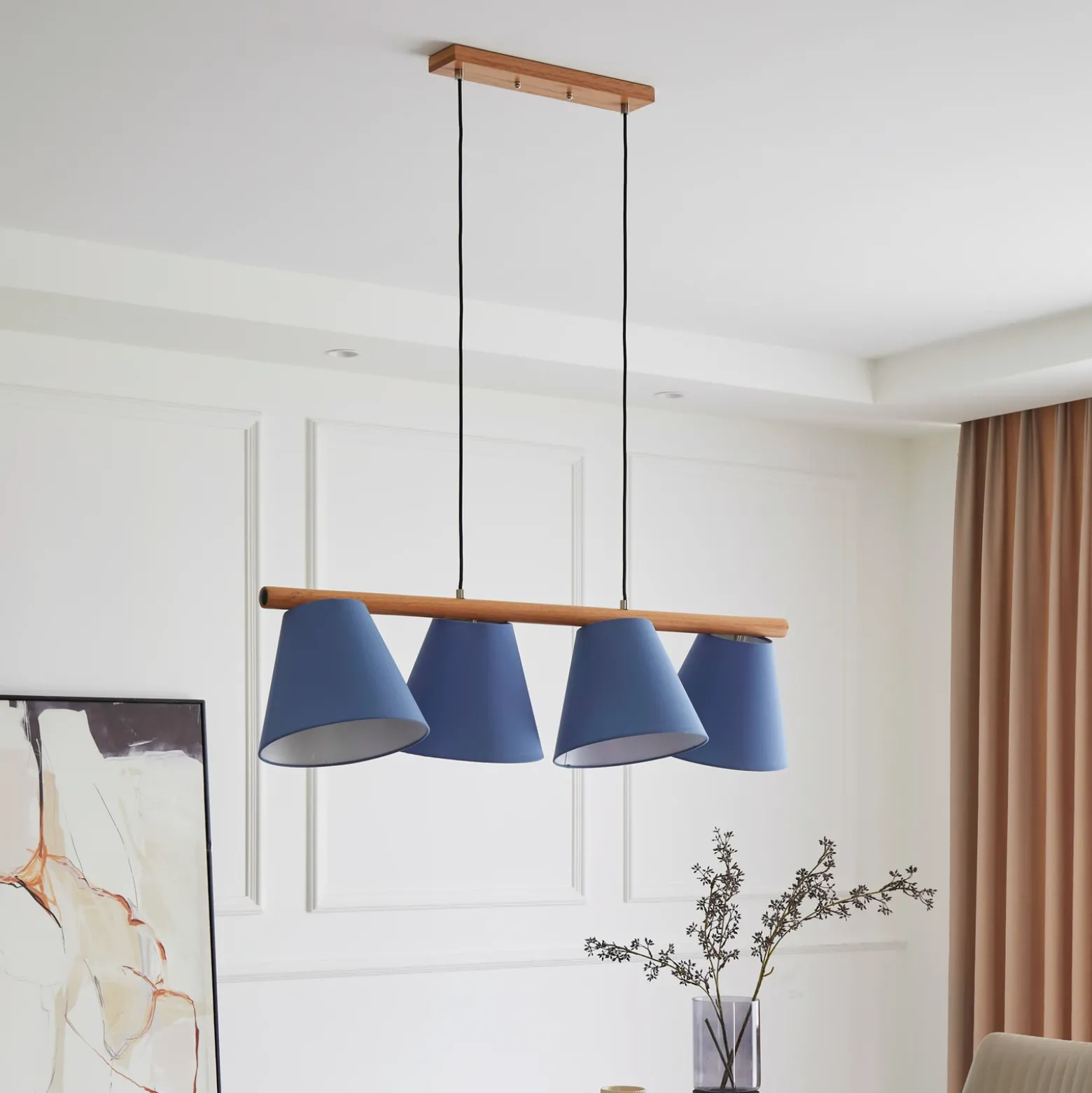 Lucande lámpara colgante Jinda, azul, madera, tela, 120 cm, E27