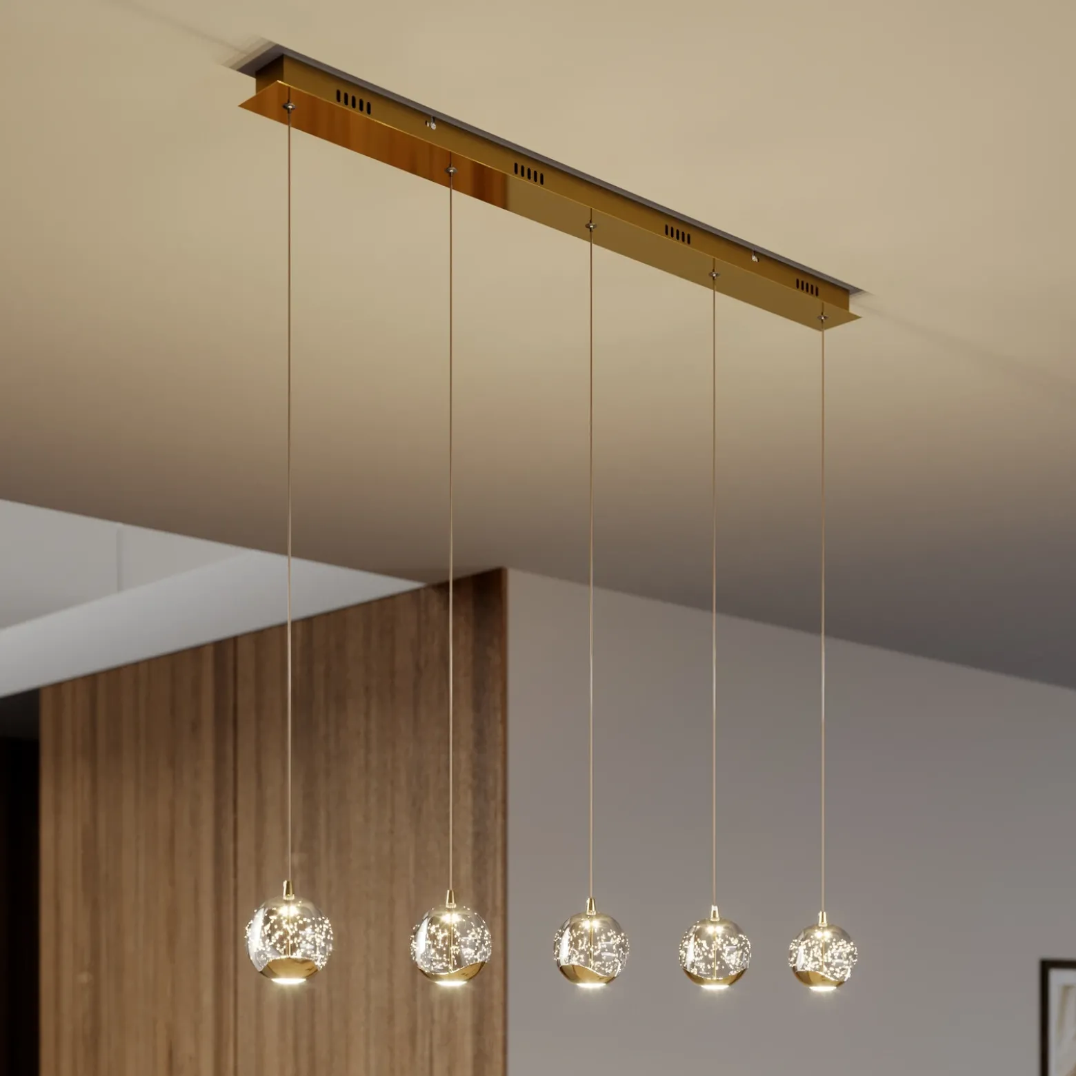 Lucande lámpara colgante LED Hayley, 96 cm, 5 luces, dorado, cristal