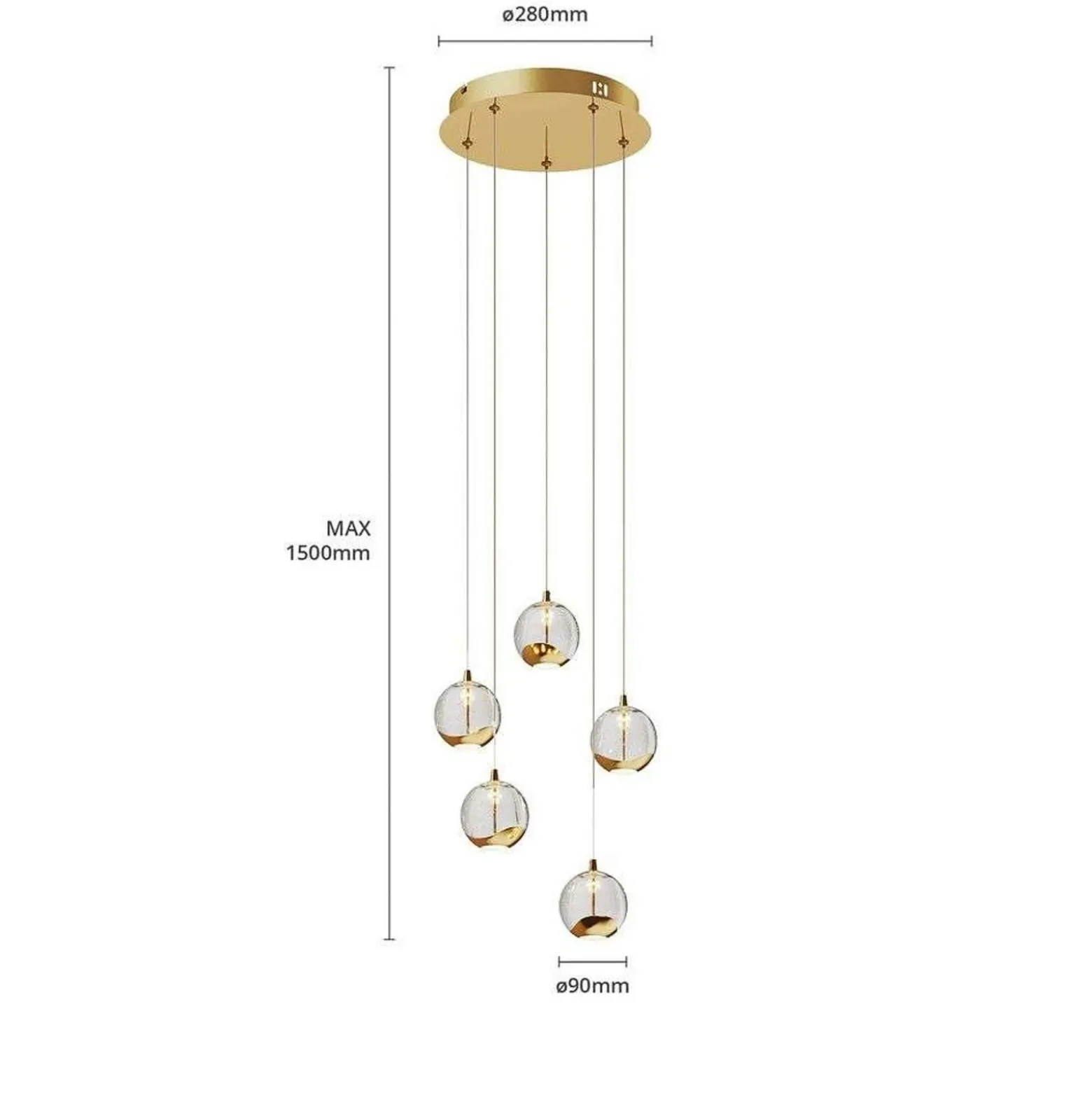 Lucande lámpara colgante LED Hayley, Ø 30 cm, 5 luces, dorado, cristal