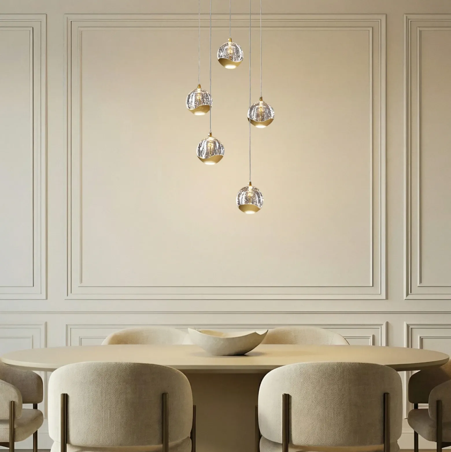 Lucande lámpara colgante LED Hayley, Ø 30 cm, 5 luces, dorado, cristal