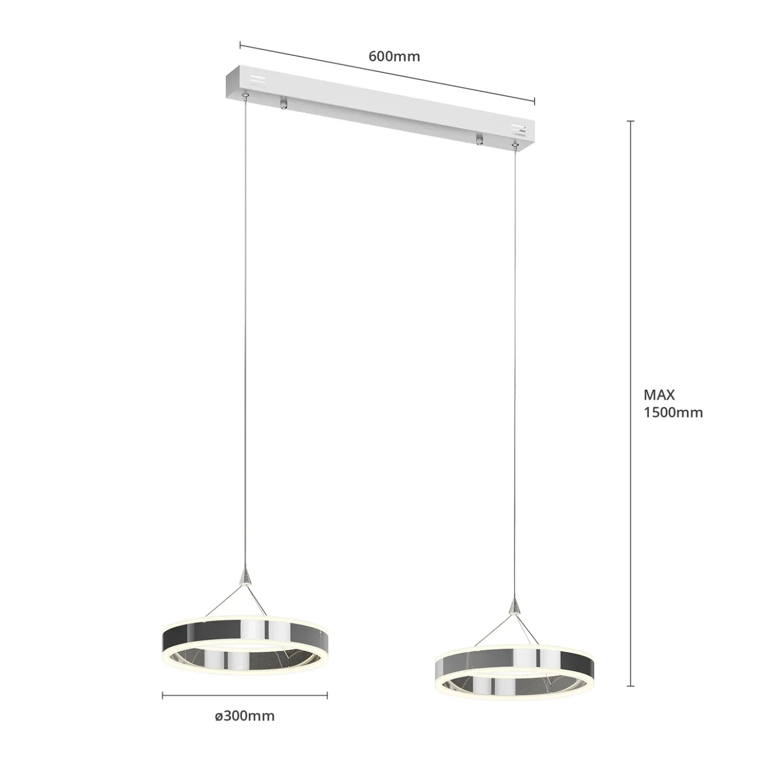 Lucande Lámpara colgante LED Lyani, 85 cm, 2 luces, cromada, atenuable
