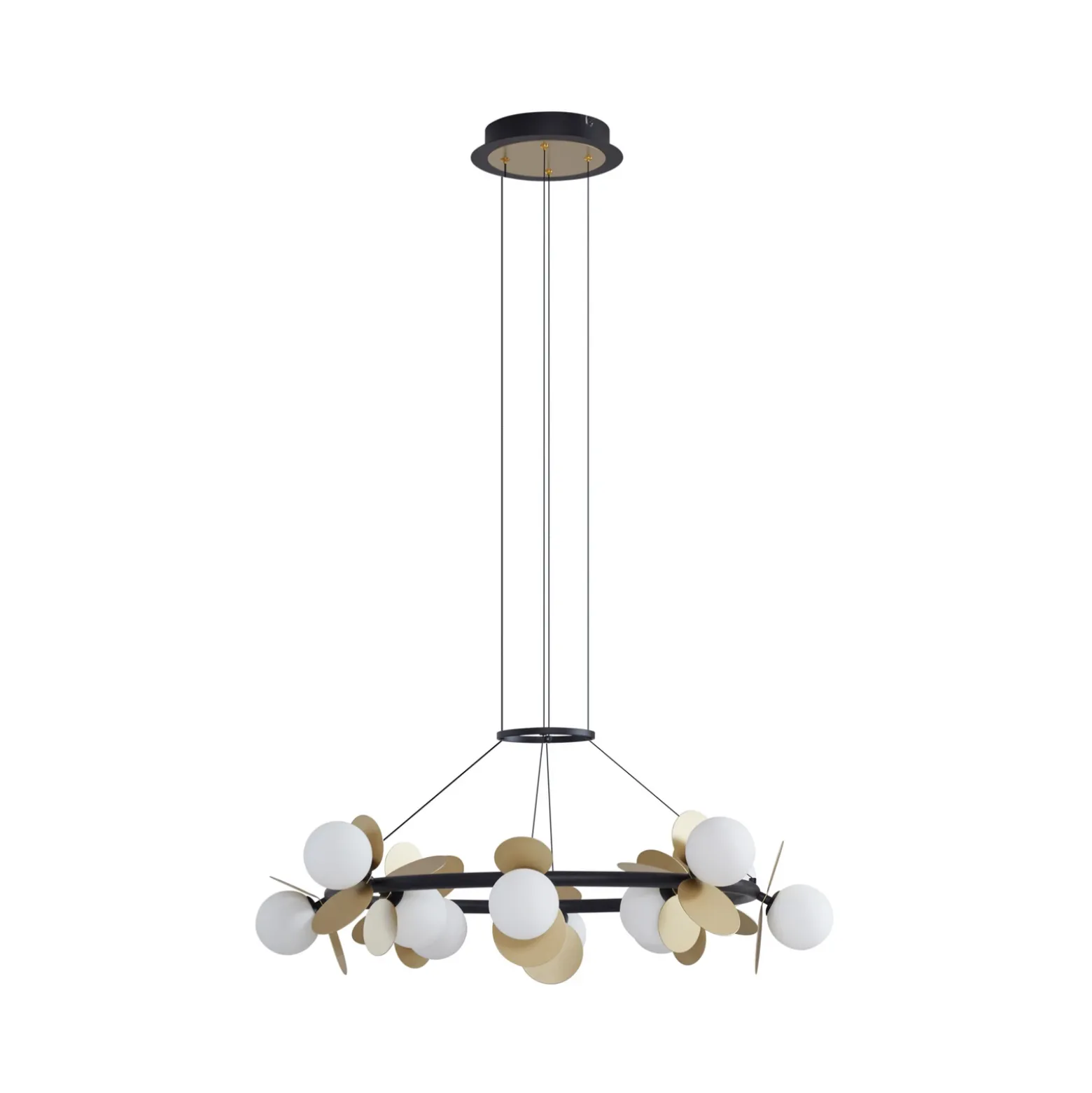 Lucande Lámpara colgante LED Pallo, 12 luces, negro/oro, cristal