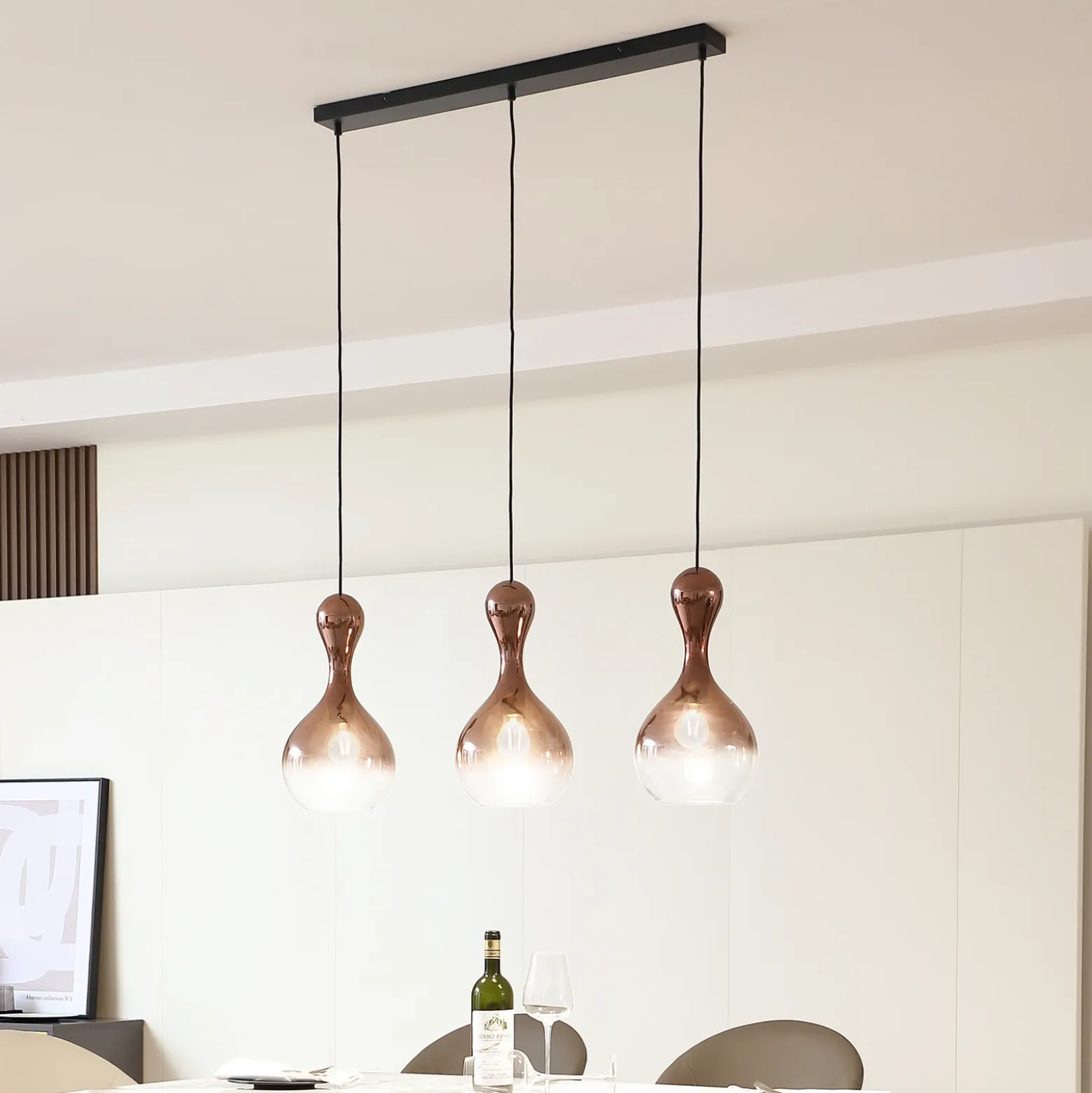 Lucande lámpara colgante Lyrisa, 3 luces, color cobre, cristal, 22cm