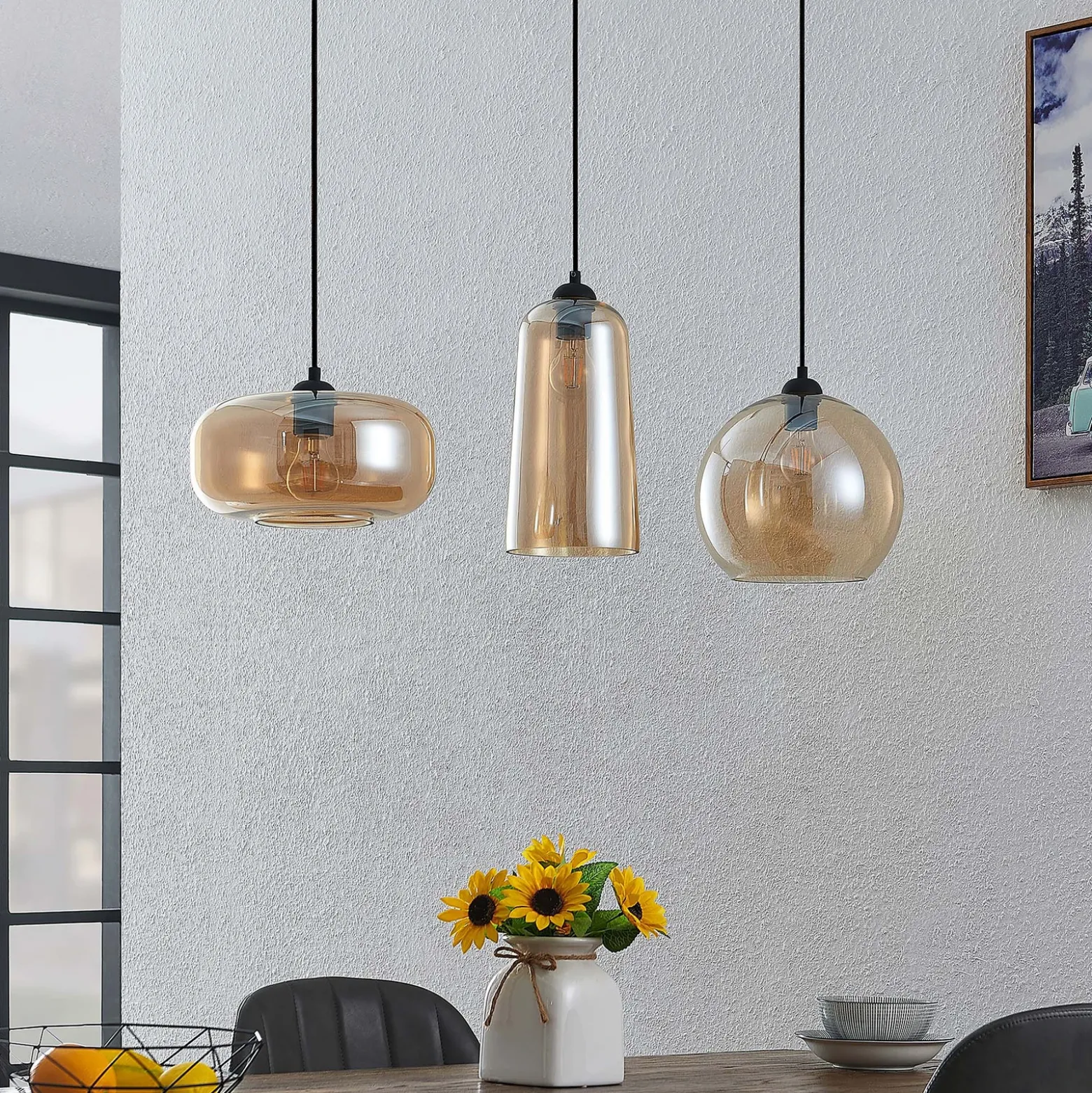 Lucande lámpara colgante Wilja, ámbar, vidrio, 111 cm, 3 luces, E27