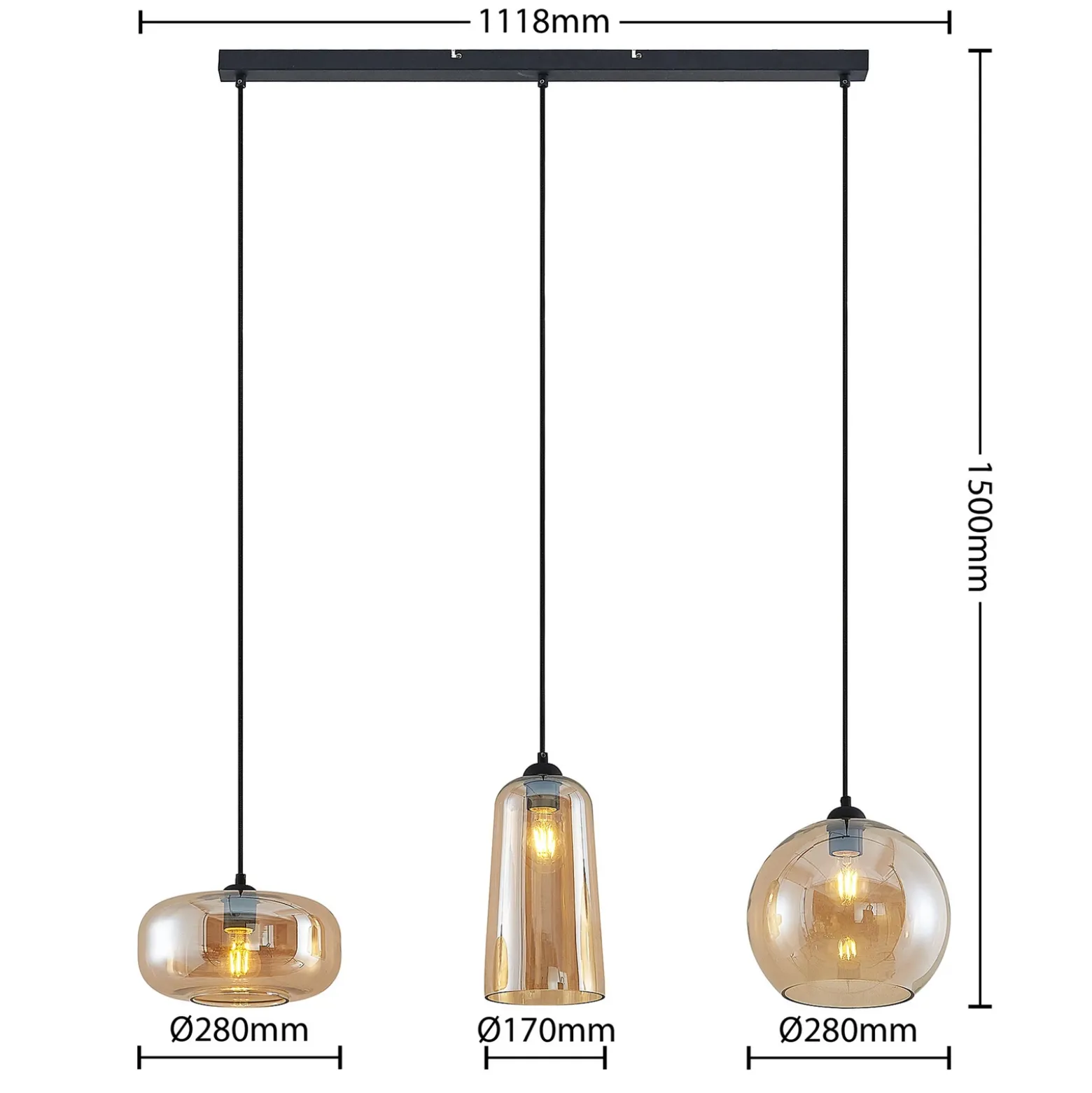 Lucande lámpara colgante Wilja, ámbar, vidrio, 111 cm, 3 luces, E27