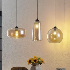 Lucande lámpara colgante Wilja, ámbar, vidrio, 111 cm, 3 luces, E27