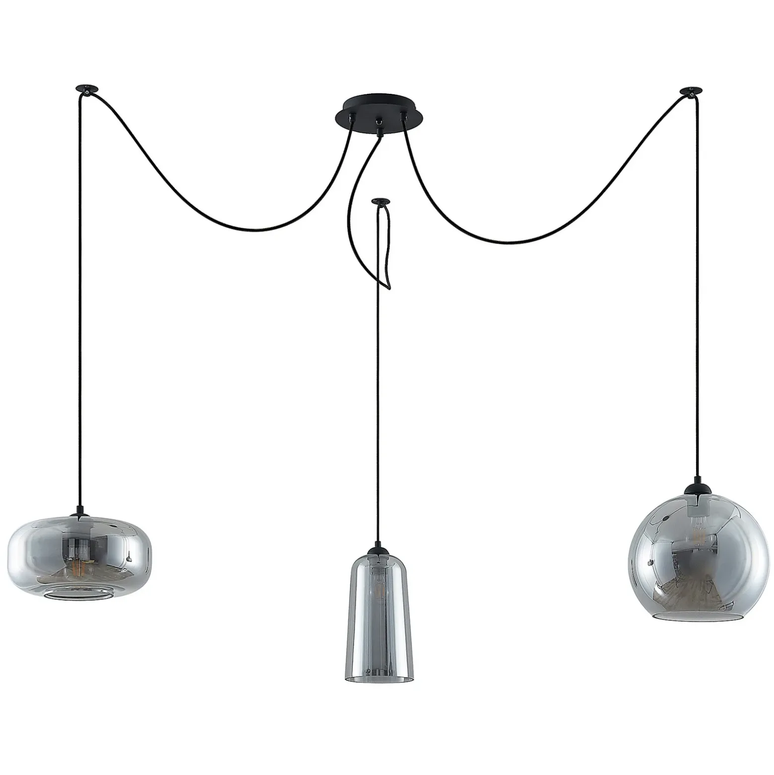 Lucande lámpara colgante Zyli, 3 luces, gris humo, cristal