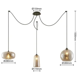 Lucande lámpara colgante Zyli, 3 luces, gris humo, cristal