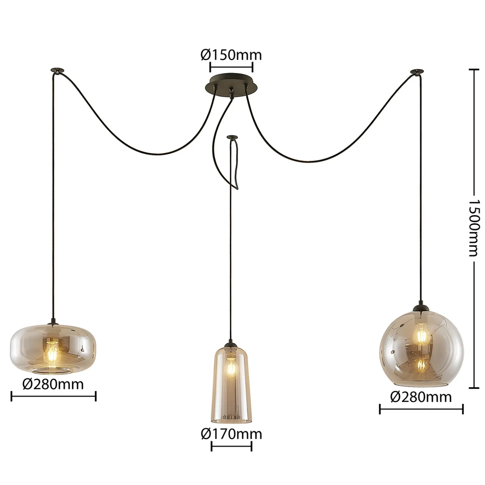 Lucande lámpara colgante Zyli, 3 luces, gris humo, cristal