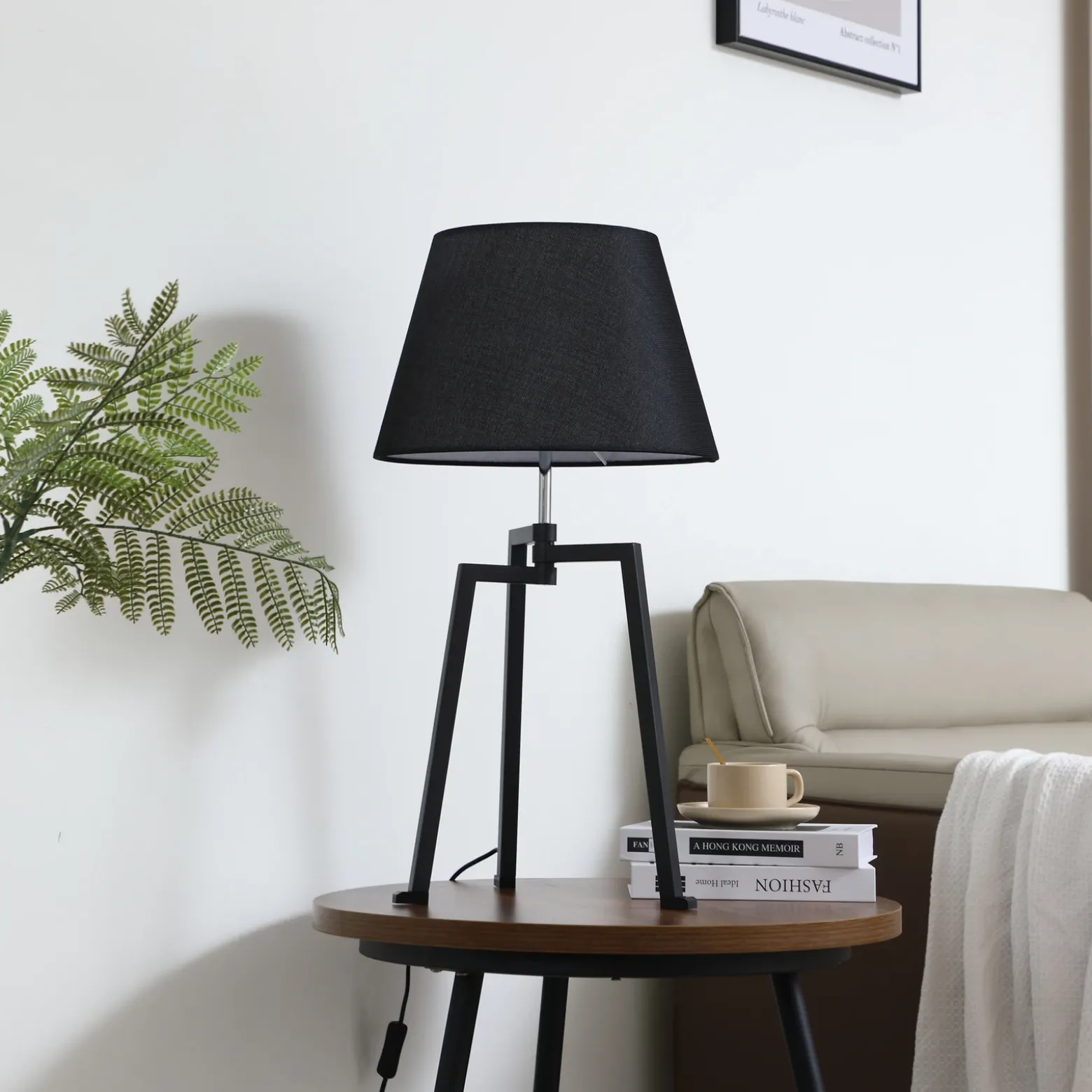 Lucande lámpara de mesa Amona, negro, textil, 69 cm, trípode
