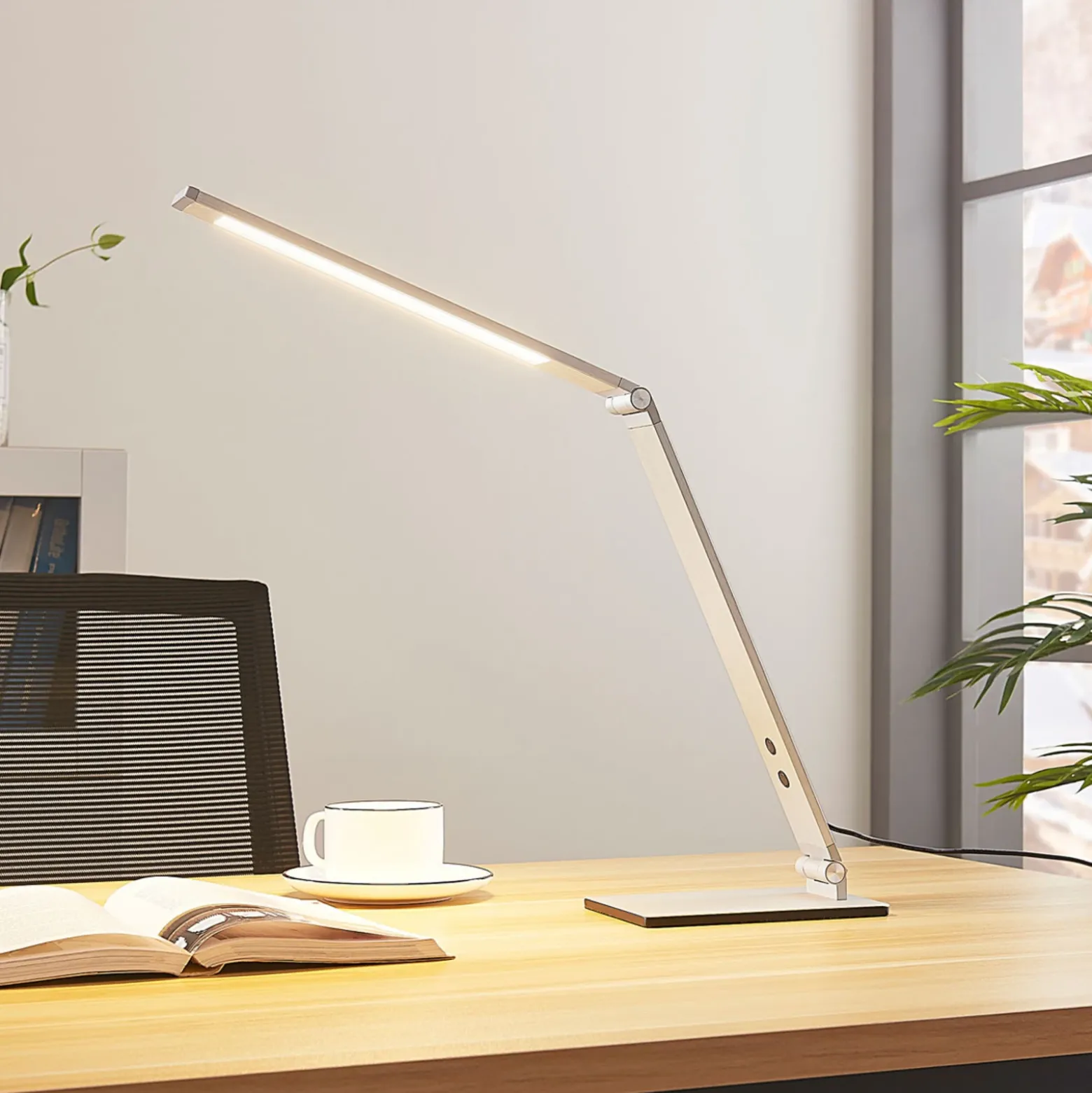 Lucande lámpara de mesa LED Nicano, gris, metal, atenuable.