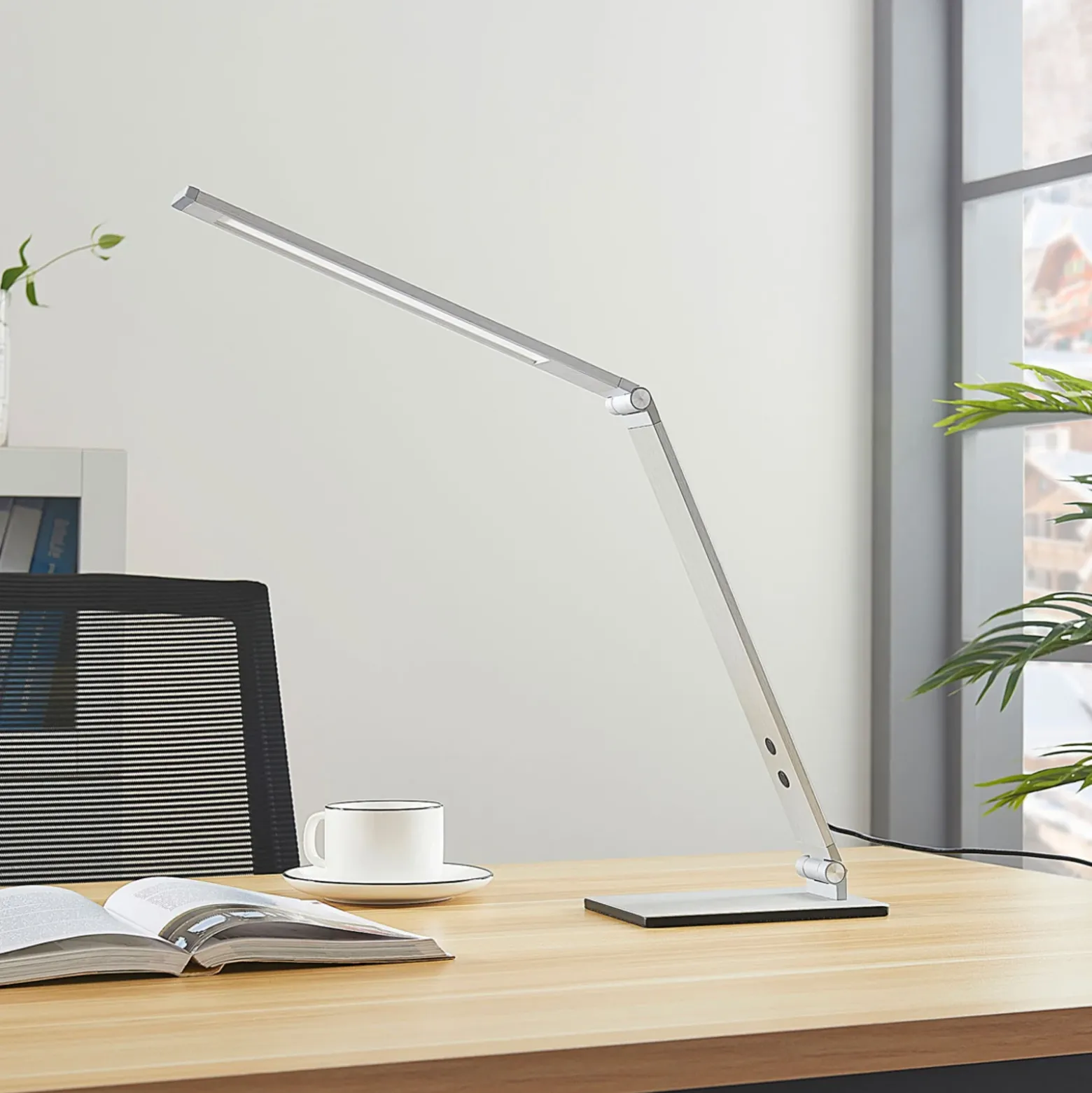Lucande lámpara de mesa LED Nicano, gris, metal, atenuable.