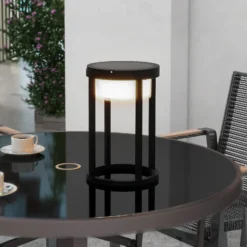 Lucande Lámpara de mesa solar LED Tilena, redonda, negra, atenuable