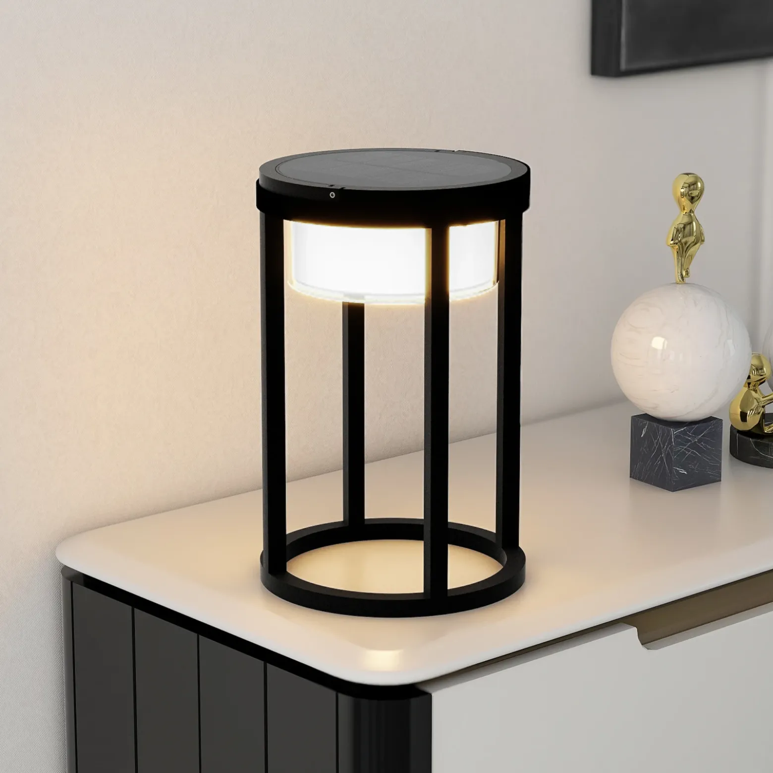 Lucande Lámpara de mesa solar LED Tilena, redonda, negra, atenuable