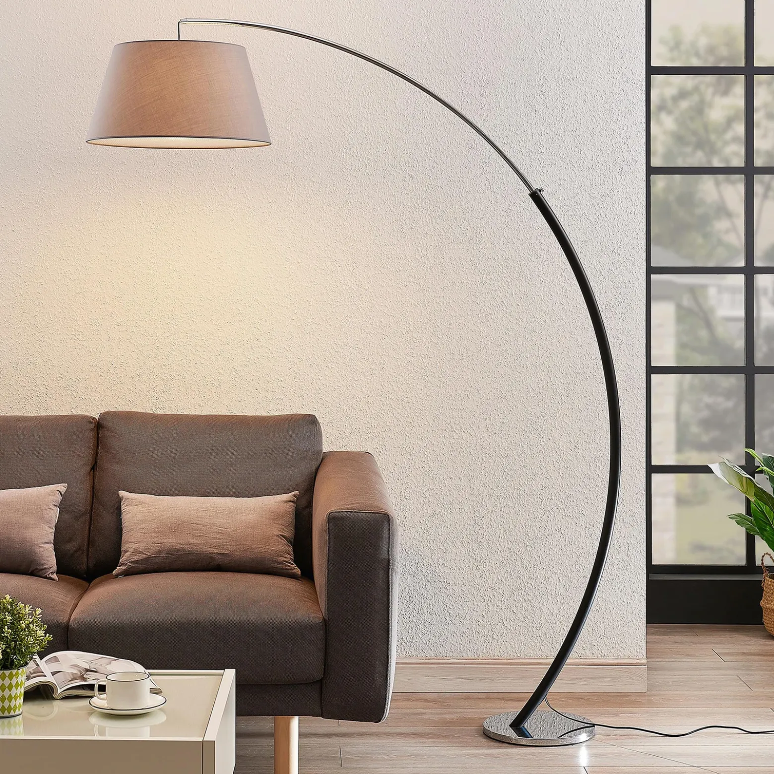 Lucande Lámpara de pie Evelyna, gris/negro, metal, 192 cm