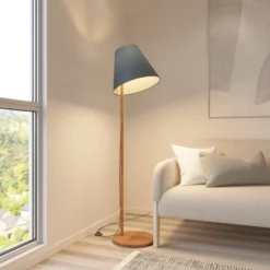 Lucande Lámpara de pie Jinda, azul, madera, tela, 160 cm, E27