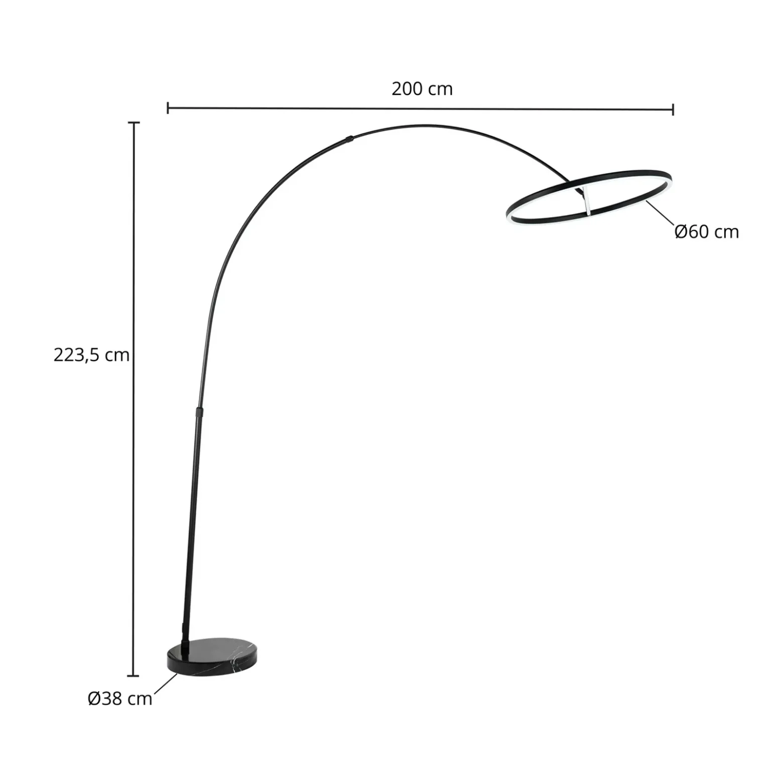 Lucande Lámpara de pie LED arqueada Virvera, redonda, negra, metal